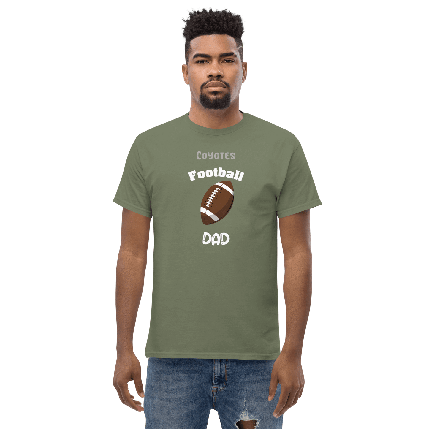 Personalized football supporter tee for dads featuring 'Coyotes Football Dad' design.