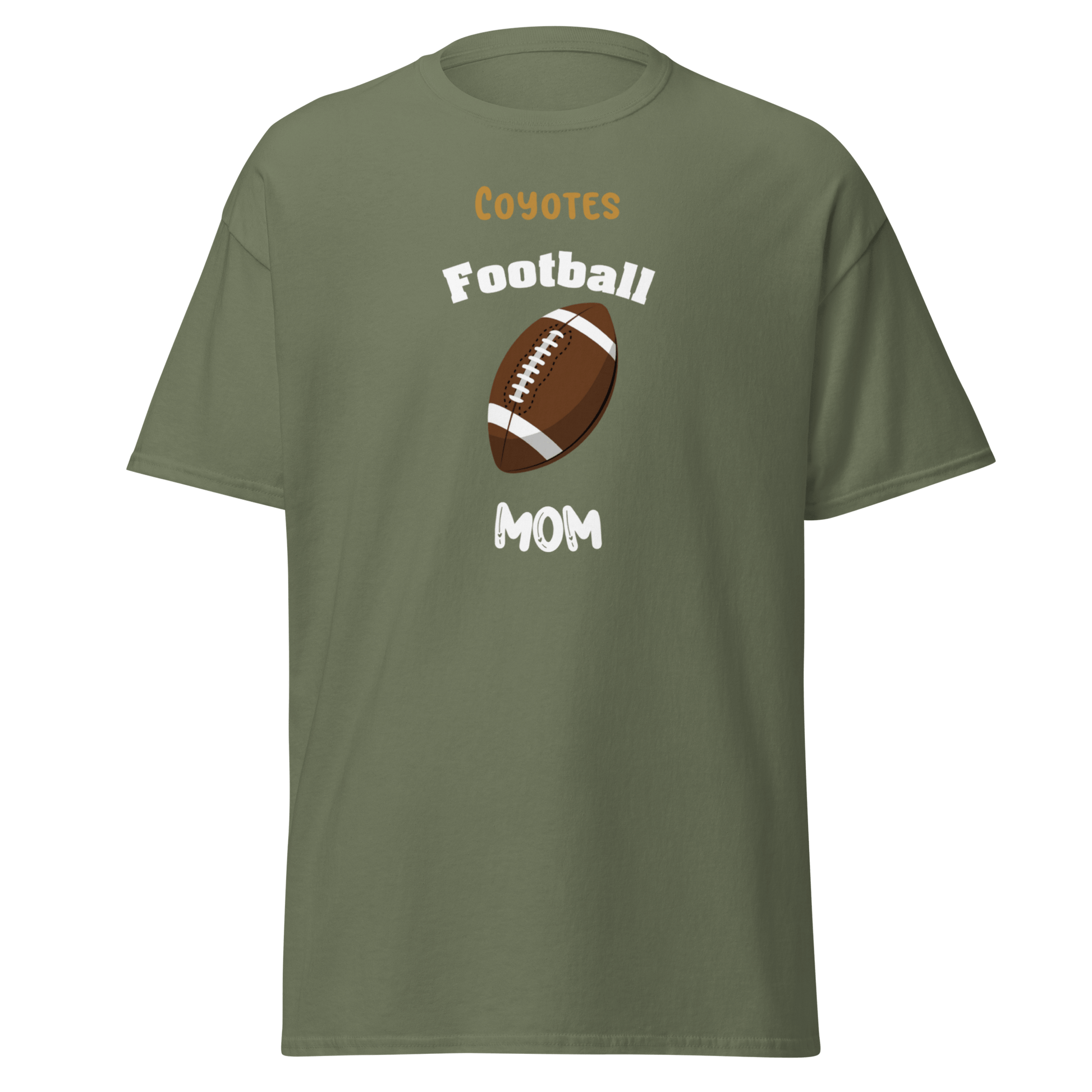 Personalized Coyotes Football Mom Tee in olive green, perfect for supporting youth football games.