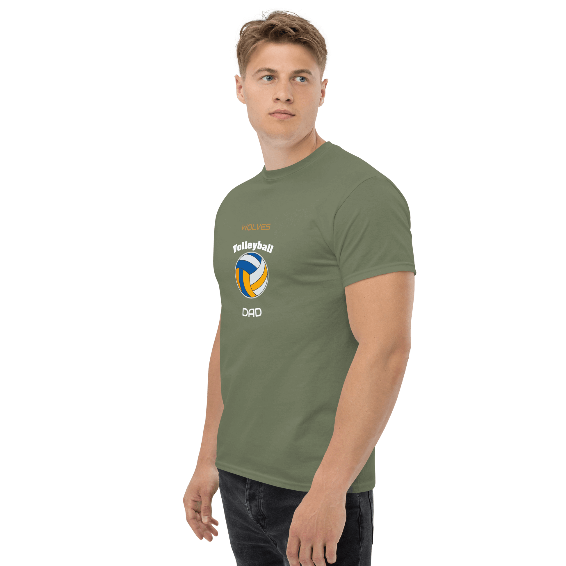 Custom volleyball parent tee in olive green, designed for proud dads supporting game day.