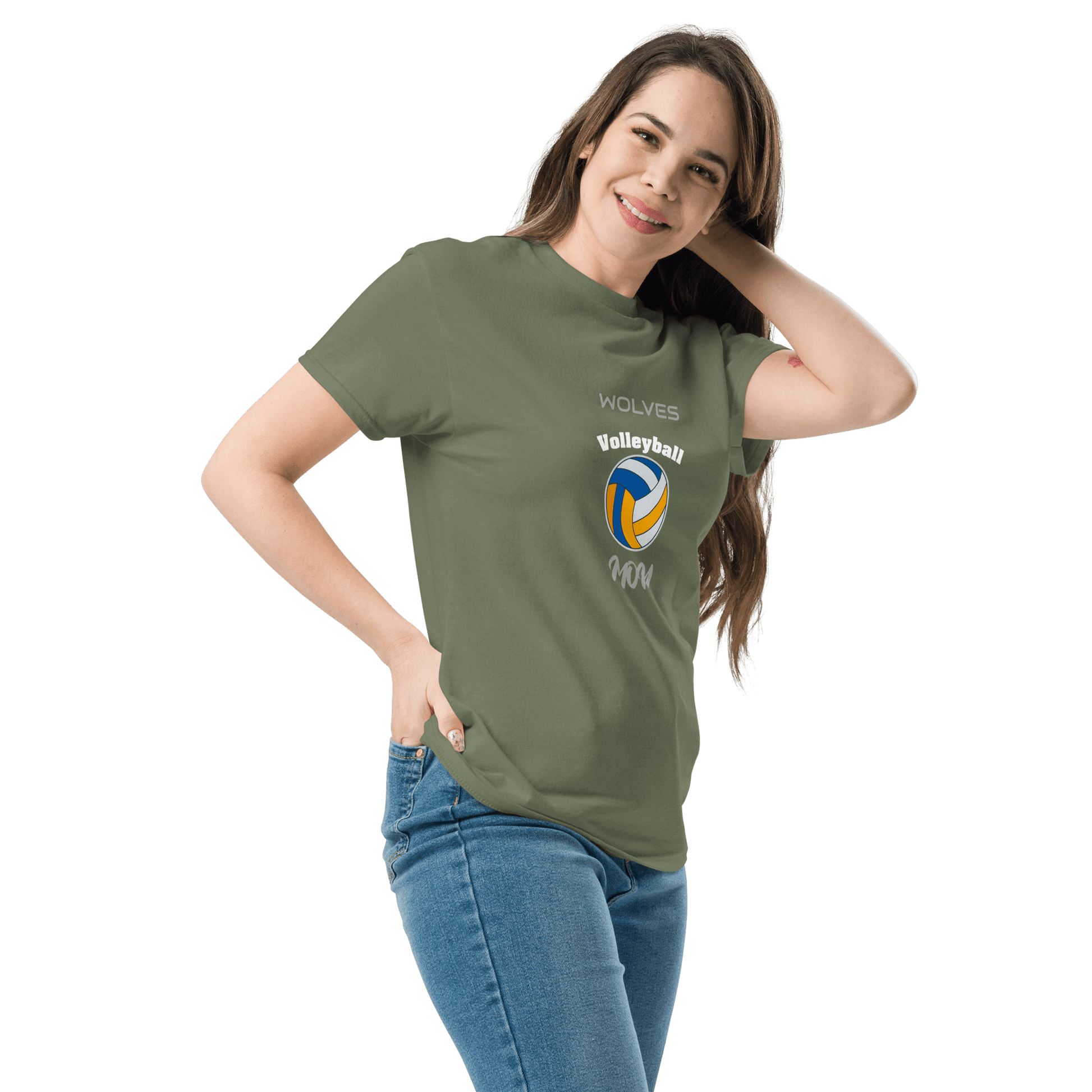 Custom green volleyball tee featuring 'Wolves Volleyball' logo, perfect for cheering on game day.