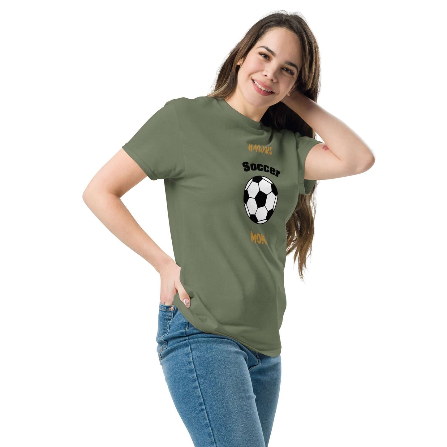 Smiling woman wearing a green Soccer Mom tee with a soccer ball design, perfect for soccer parents.