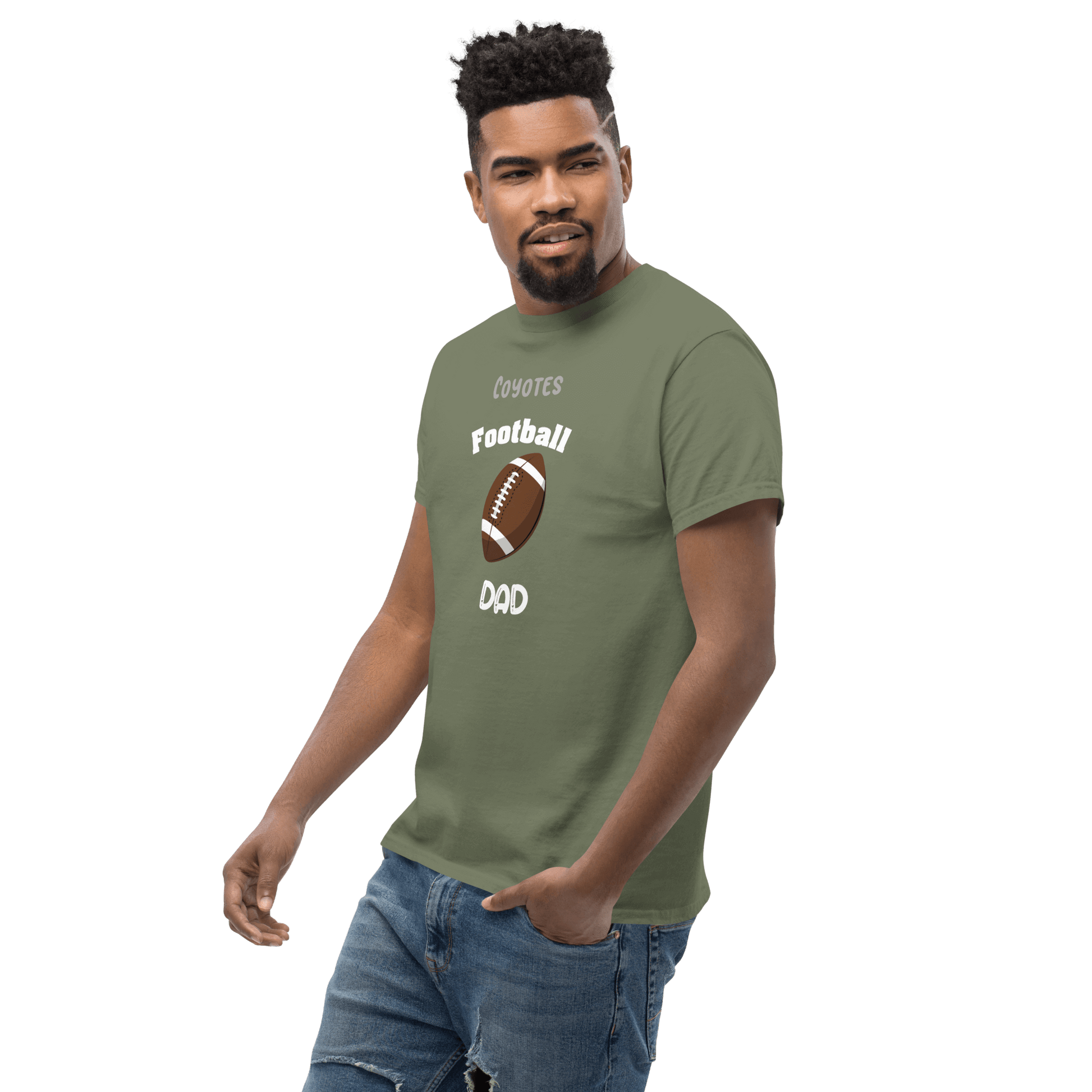 Personalized football dad tee in green, perfect for cheering at games or running errands.