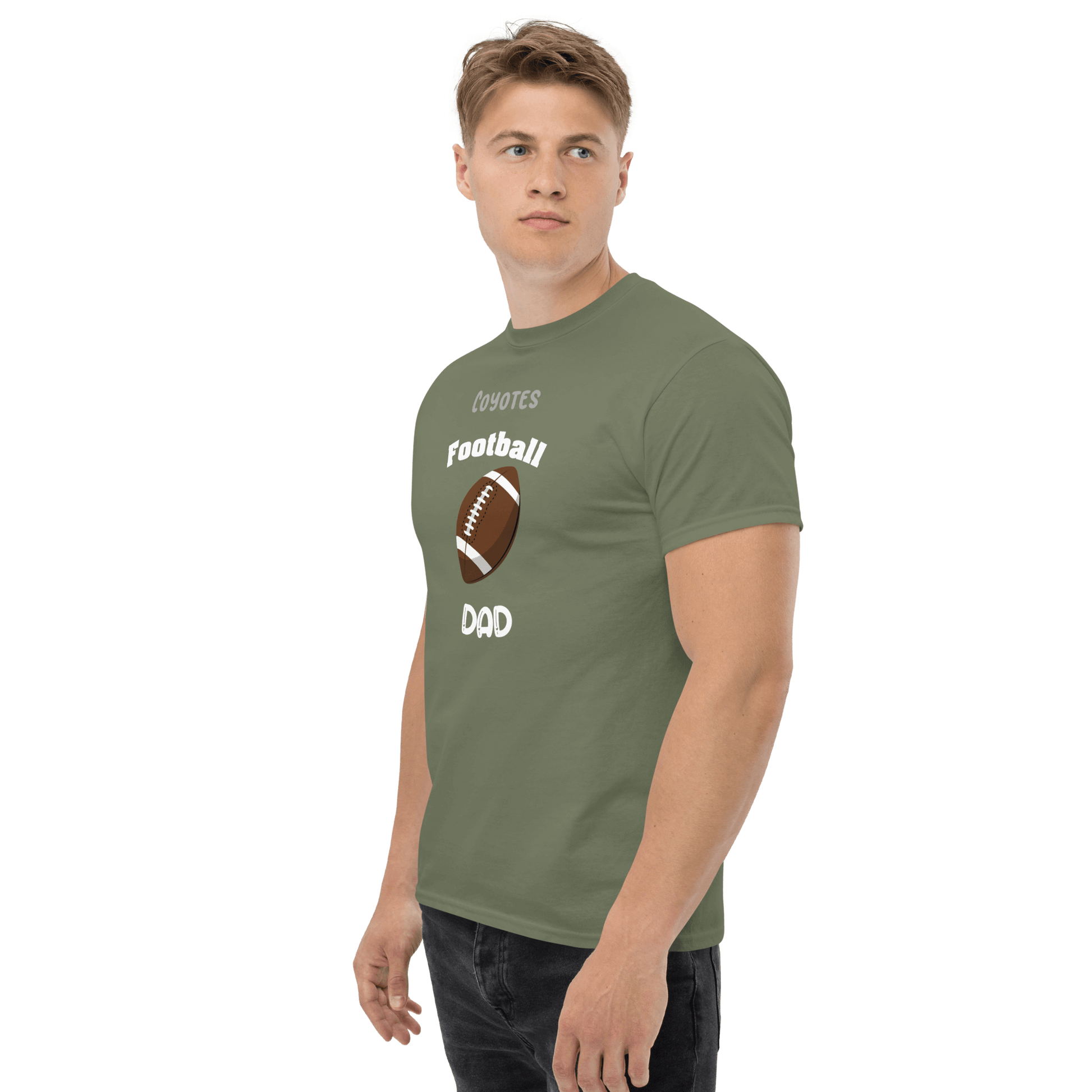 Personalized football supporter tee for dads, featuring a football graphic and customizable text.