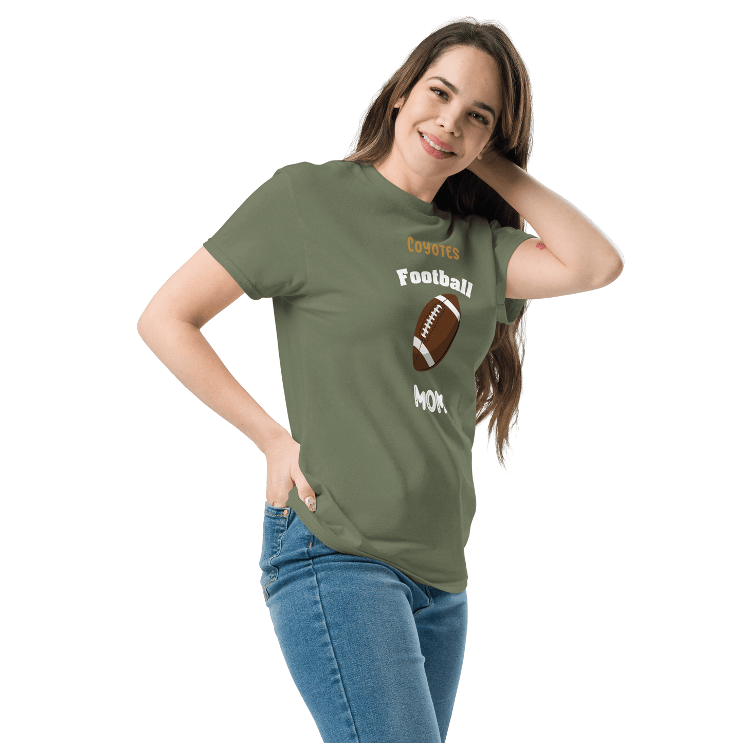 Personalized football supporter tee for moms, featuring a football graphic and team pride design in olive green.