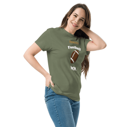 Personalized football supporter tee for moms, featuring a football graphic and team pride design in olive green.