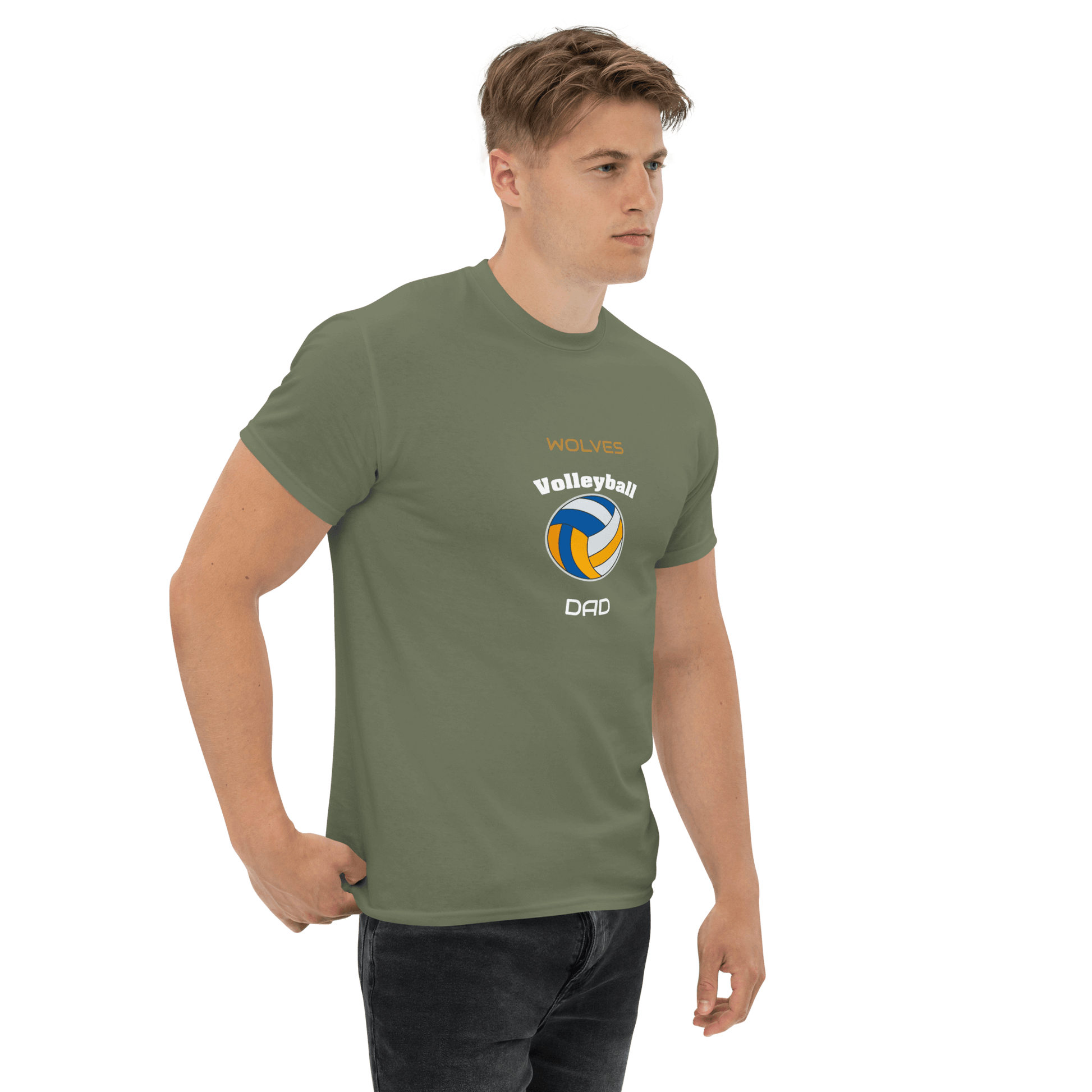 Custom volleyball parent tee featuring 'Wolves Volleyball Dad' design in olive green, perfect for game day support.