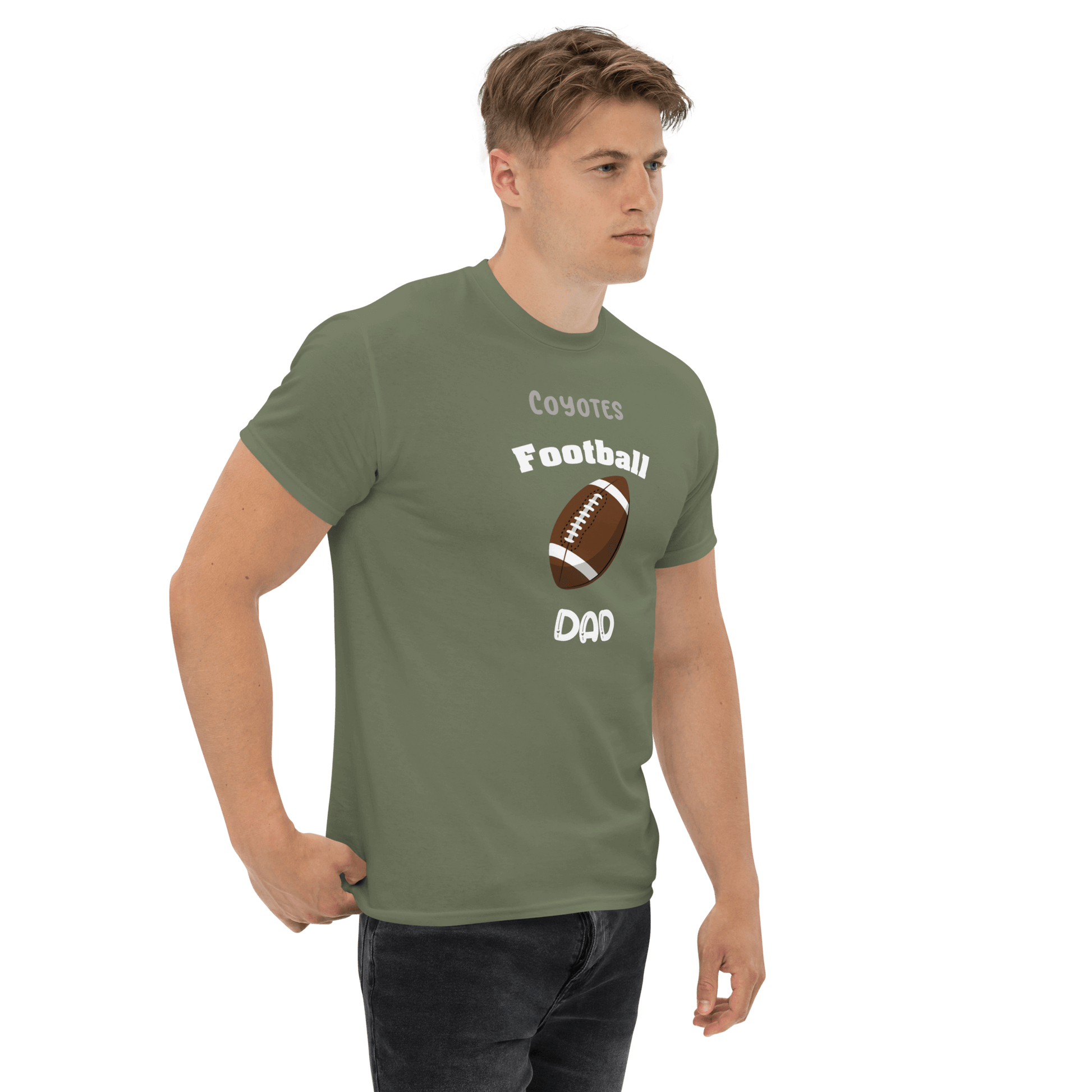 Personalized Coyotes Football Dad tee for proud football supporters and parents in stylish olive green.