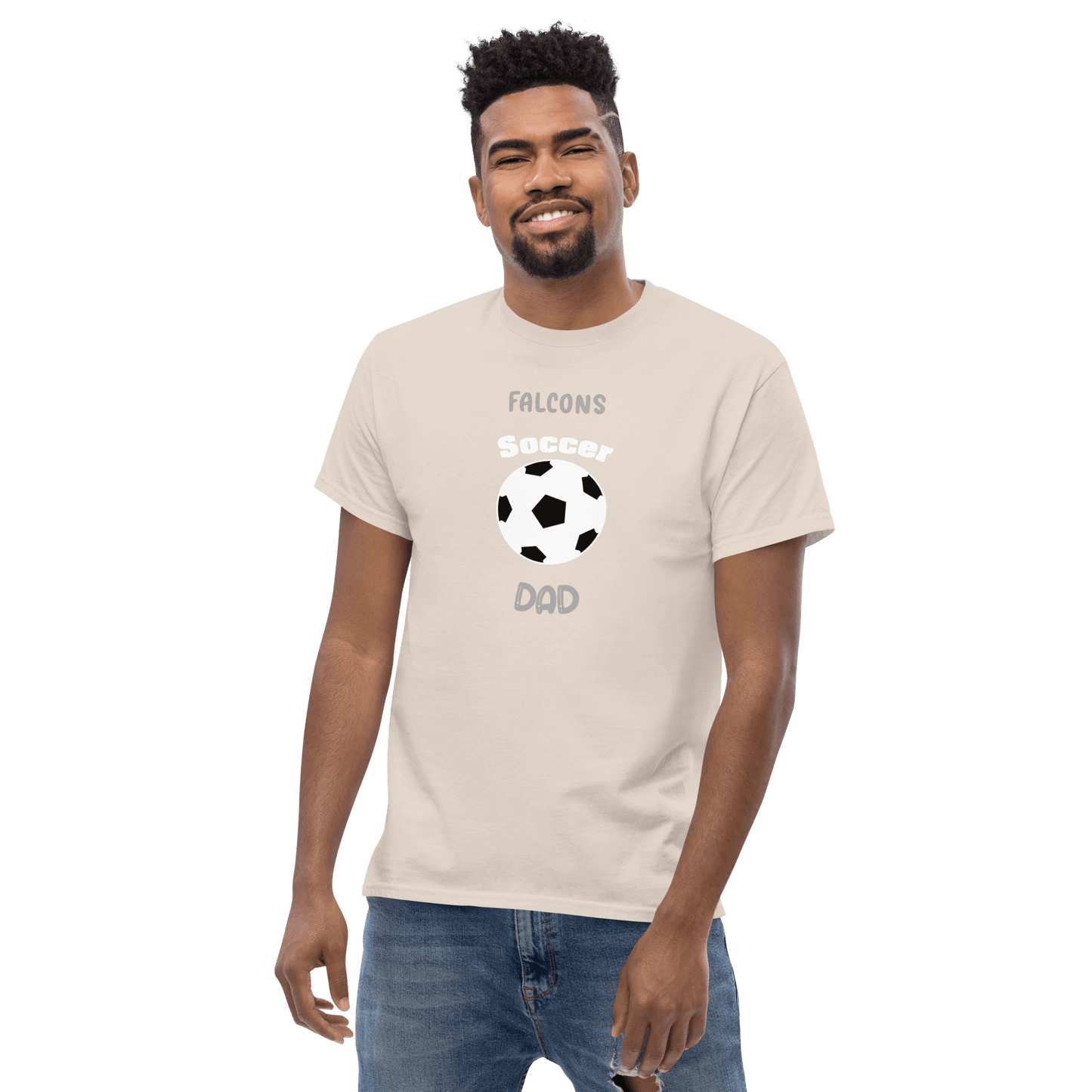 Man wearing a lightweight soccer dad tee featuring a soccer ball and team design, perfect for game day.
