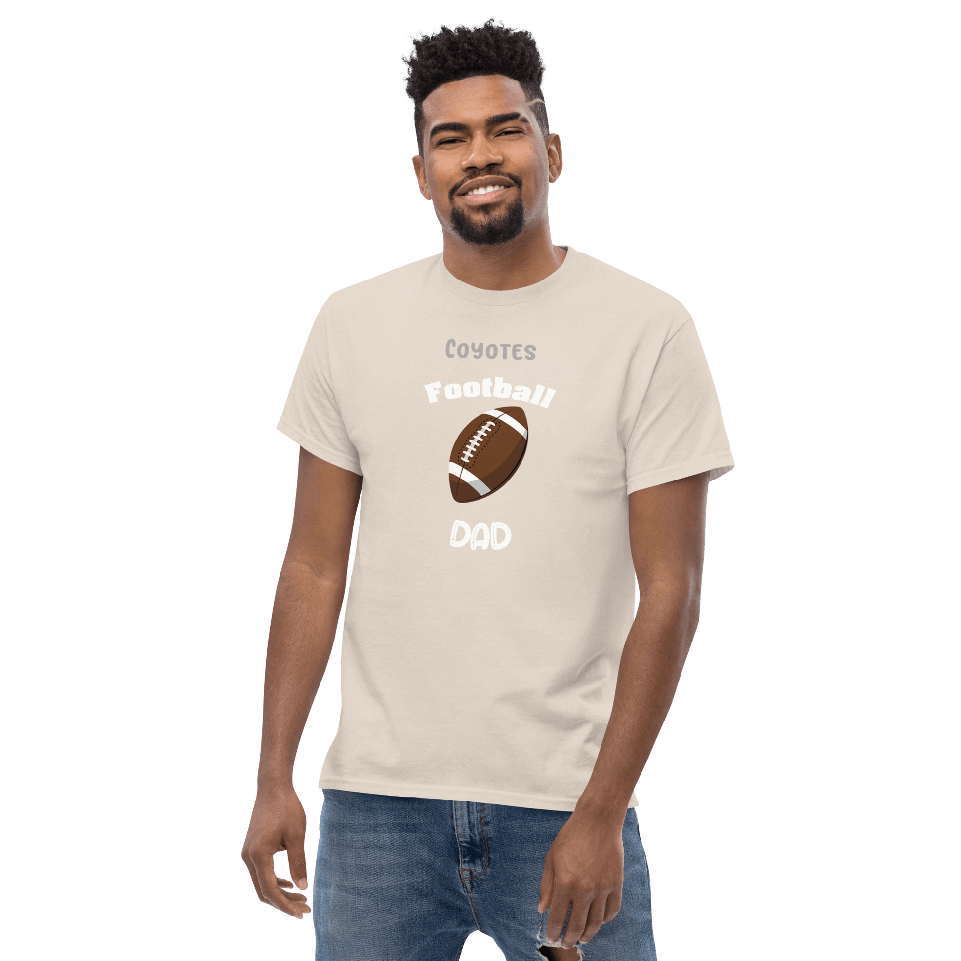 Personalized football supporter tee for dads featuring 'Coyotes Football Dad' design.