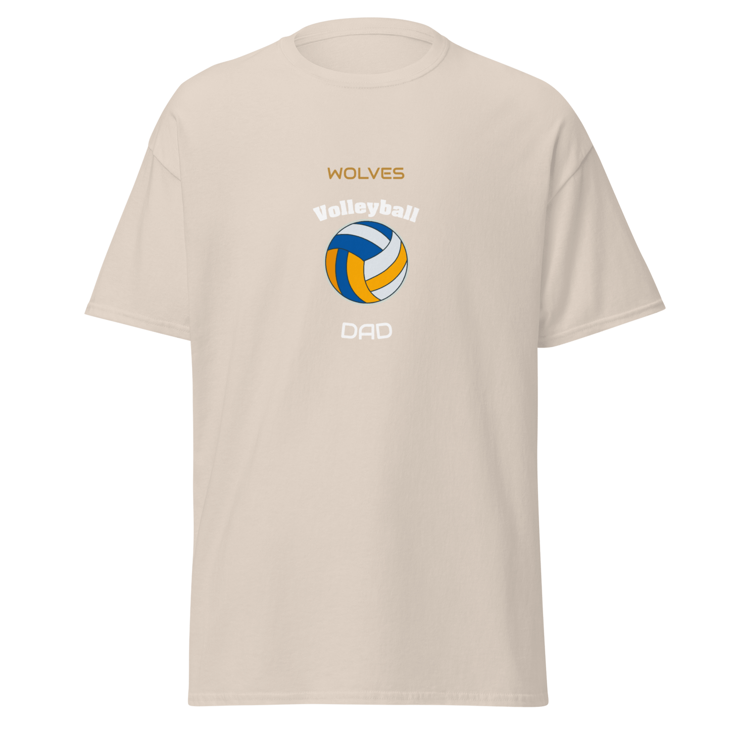 Custom volleyball dad tee in beige with 'Wolves' and a colorful volleyball design, perfect for game day support.
