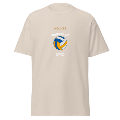 Custom volleyball dad tee in beige with 'Wolves' and a colorful volleyball design, perfect for game day support.