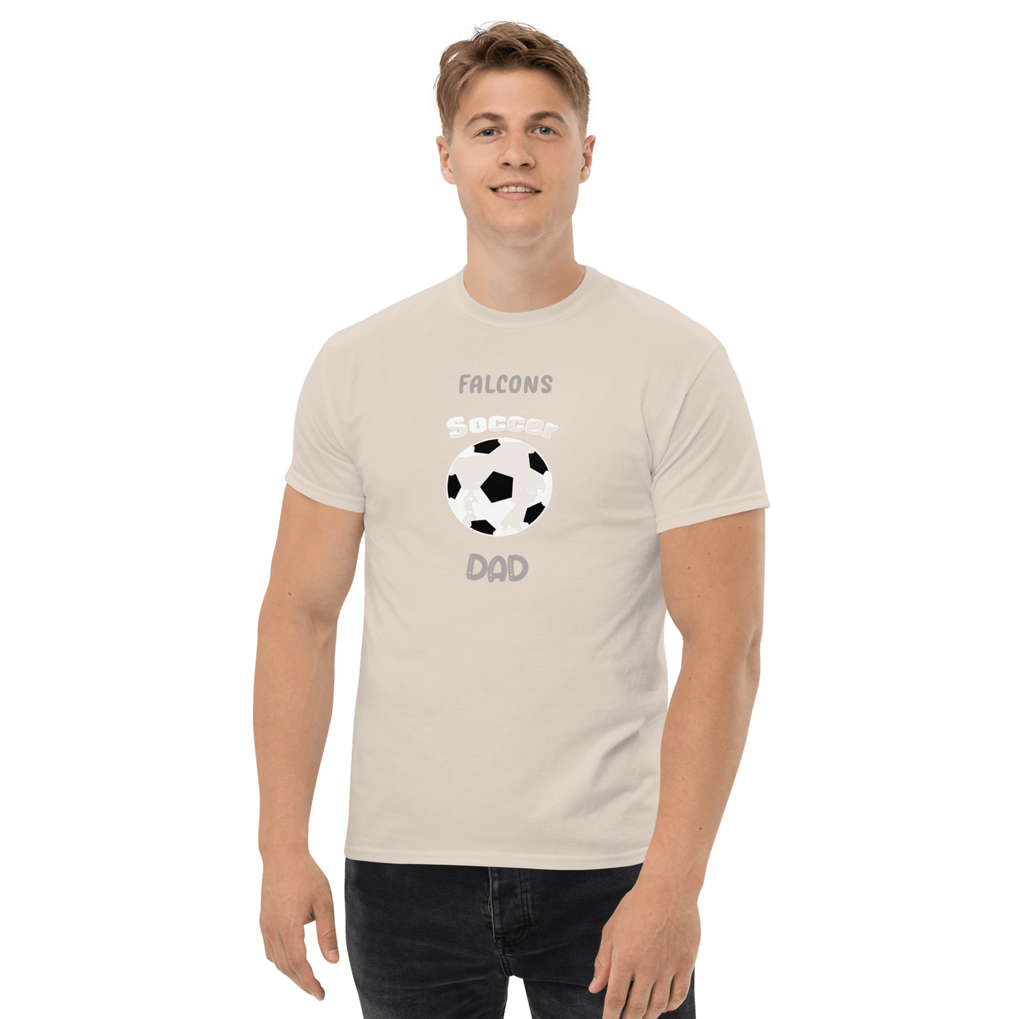 Falcons Soccer Dad tee, featuring a soccer ball graphic, perfect for soccer-loving parents and fans.