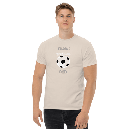 Falcons Soccer Dad tee, featuring a soccer ball graphic, perfect for soccer-loving parents and fans.