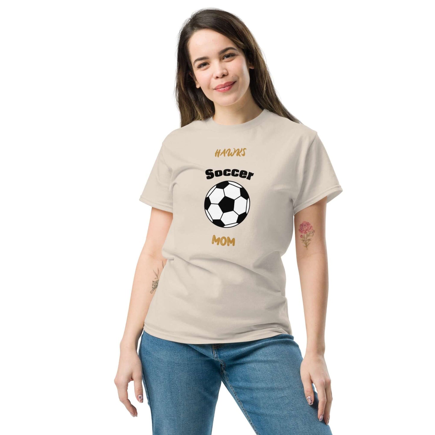 Custom soccer mom tee shirt with soccer ball graphic, perfect for proud soccer parents and fans.