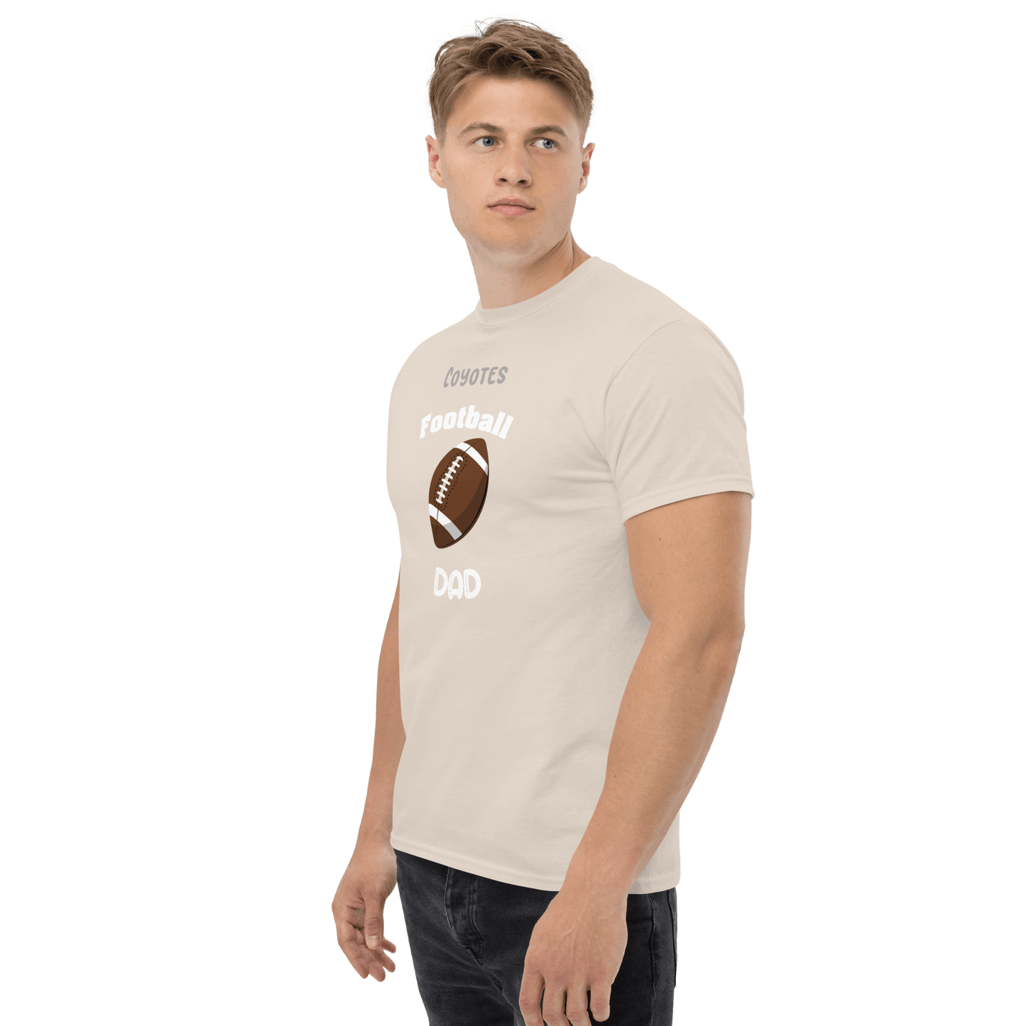 Personalized football supporter tee for dads featuring 'Coyotes Football Dad' graphic.