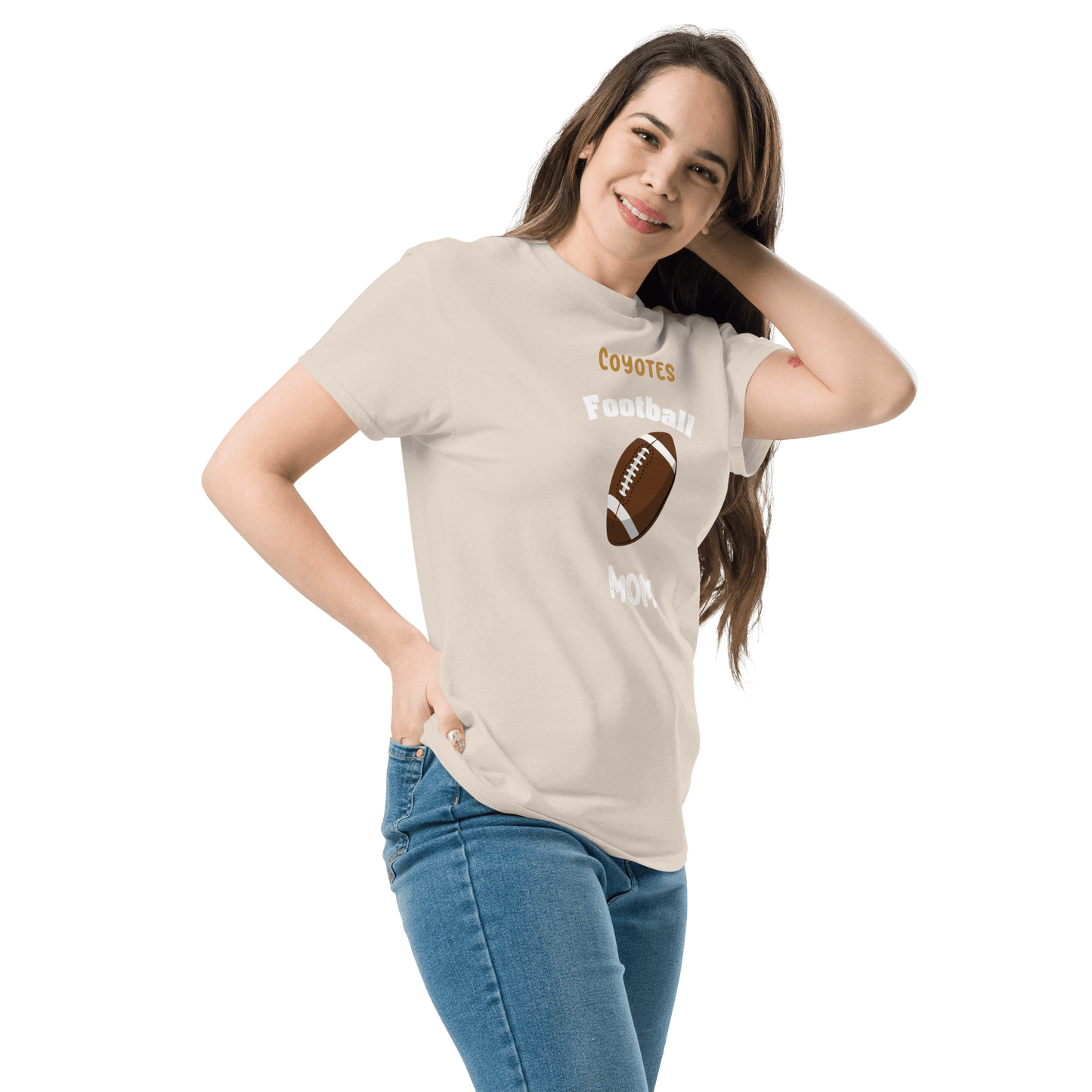 Personalized football supporter tee for moms featuring a football graphic and 'Coyotes Football Mom' text.