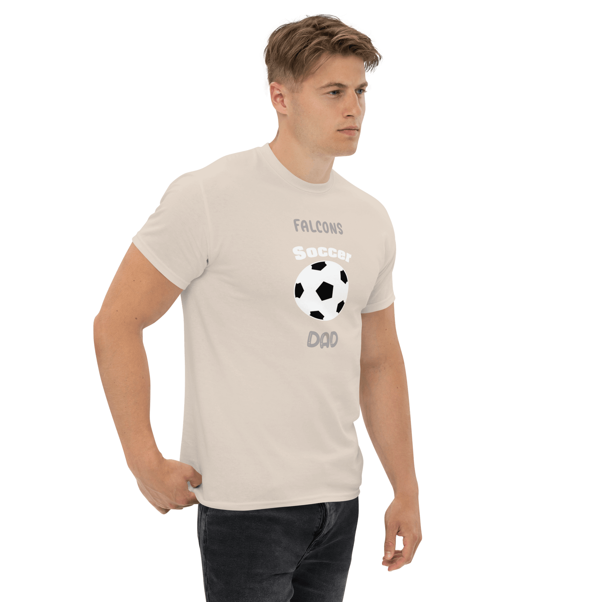 Men's soccer dad tee with 'Falcons Soccer Dad' graphic, ideal for proud parents and fans.