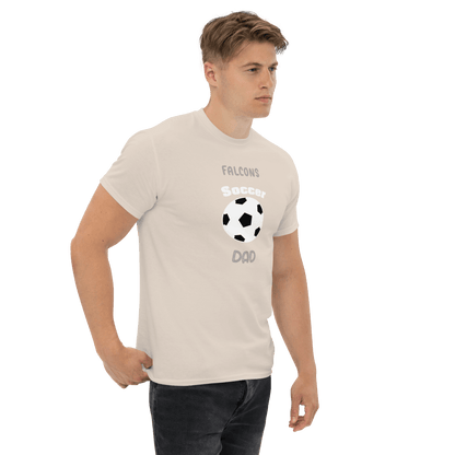 Men's soccer dad tee with 'Falcons Soccer Dad' graphic, ideal for proud parents and fans.