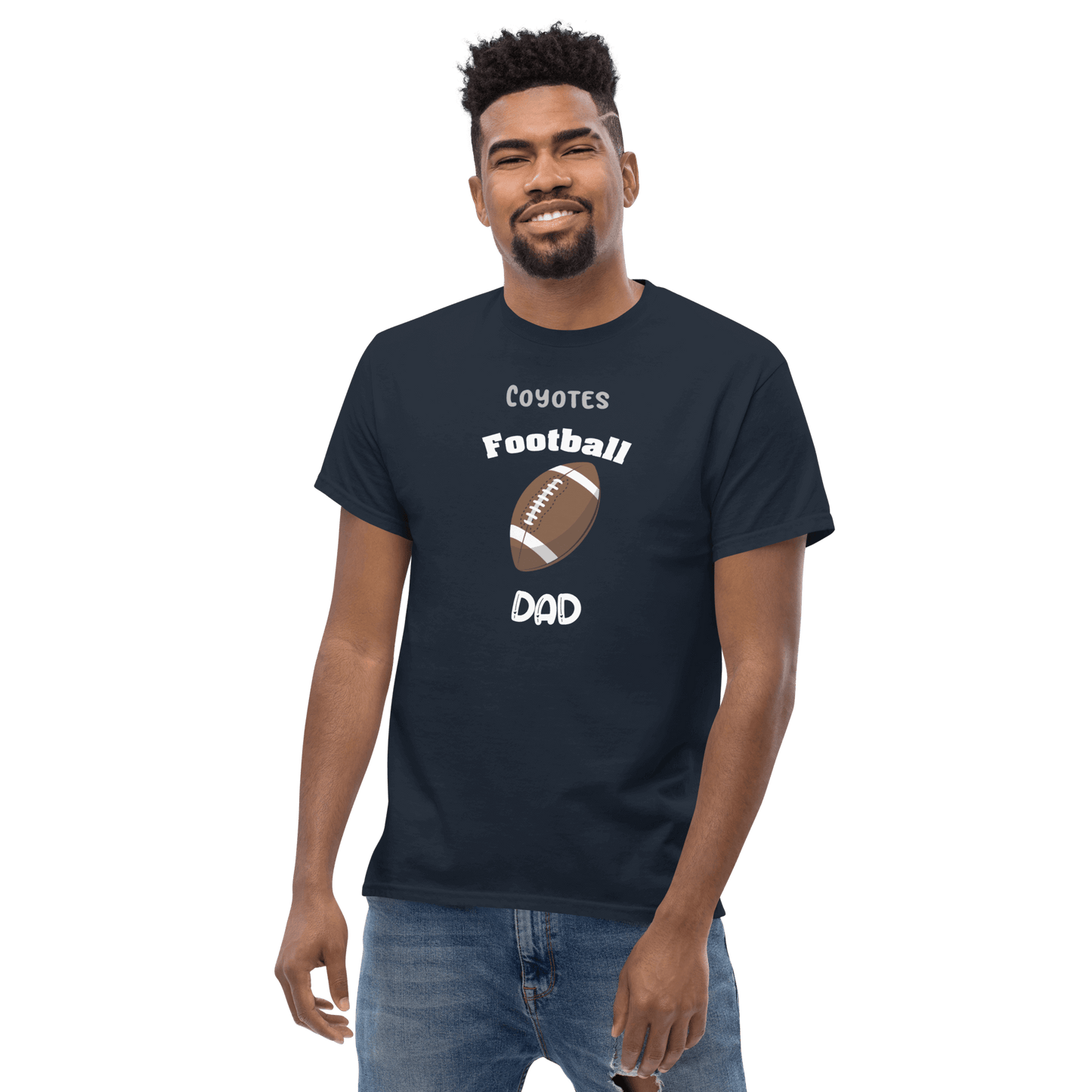 Personalized football supporter tee for dads, featuring 'Coyotes Football Dad' graphic.