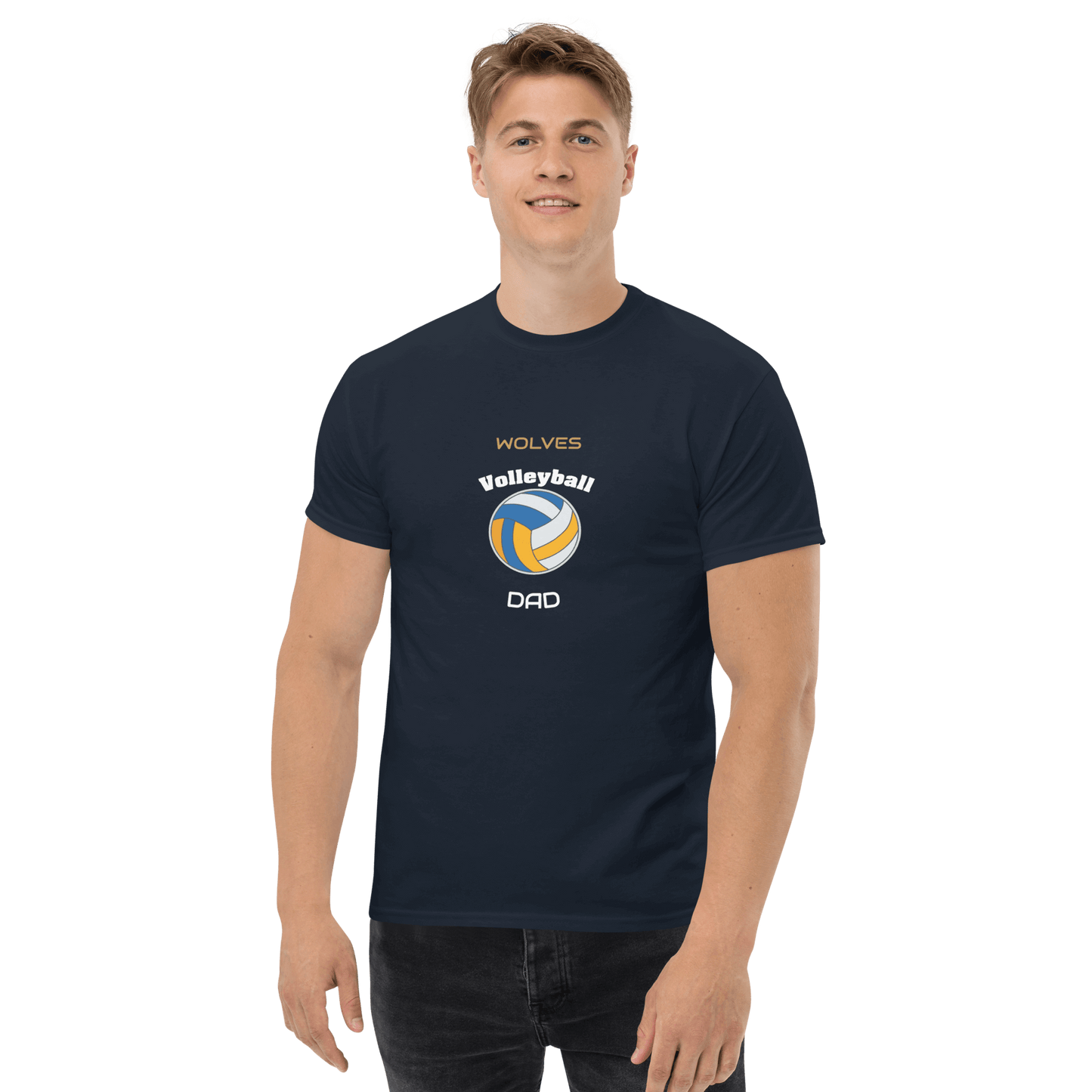 Man wearing navy volleyball dad tee with Wolves logo, perfect for game day support.