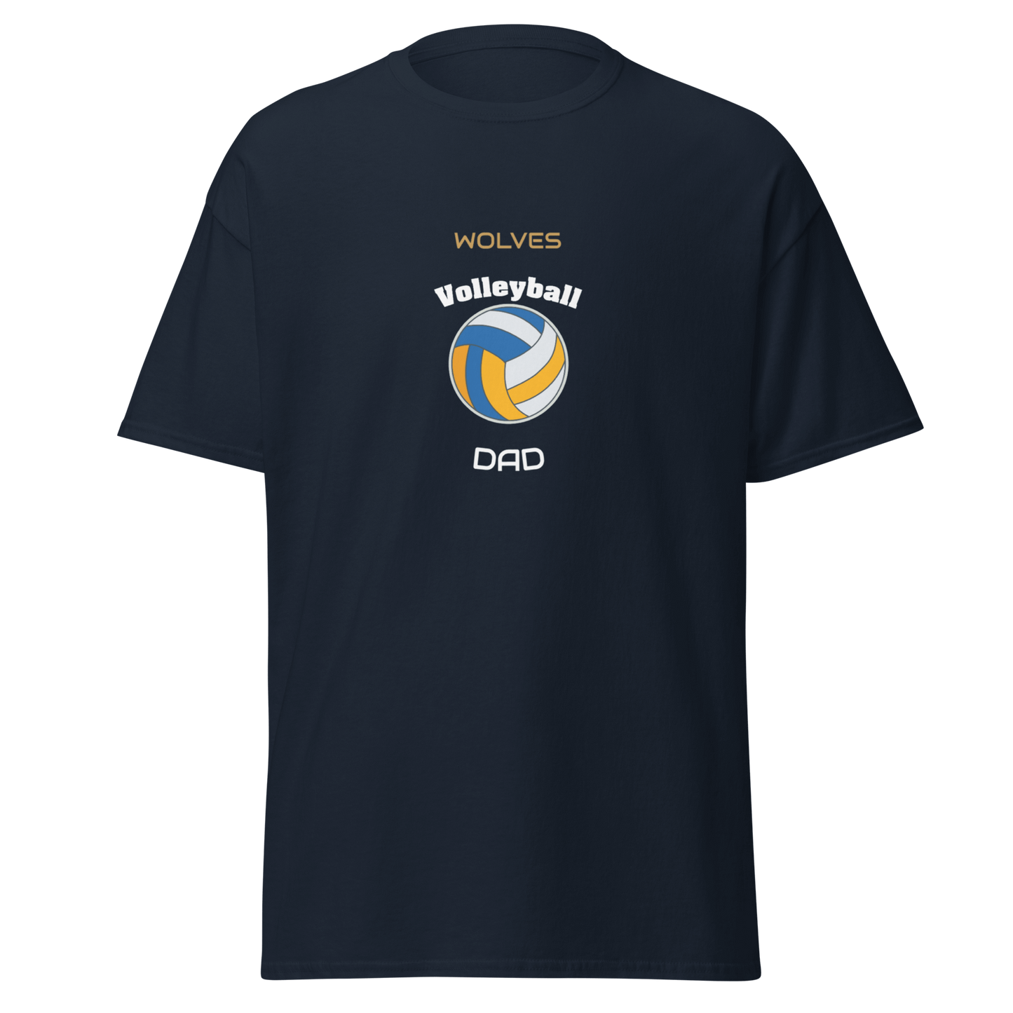 Custom navy volleyball dad tee featuring 'WOLVES' and a volleyball graphic, perfect for supporting game day.
