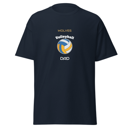 Custom navy volleyball dad tee featuring 'WOLVES' and a volleyball graphic, perfect for supporting game day.