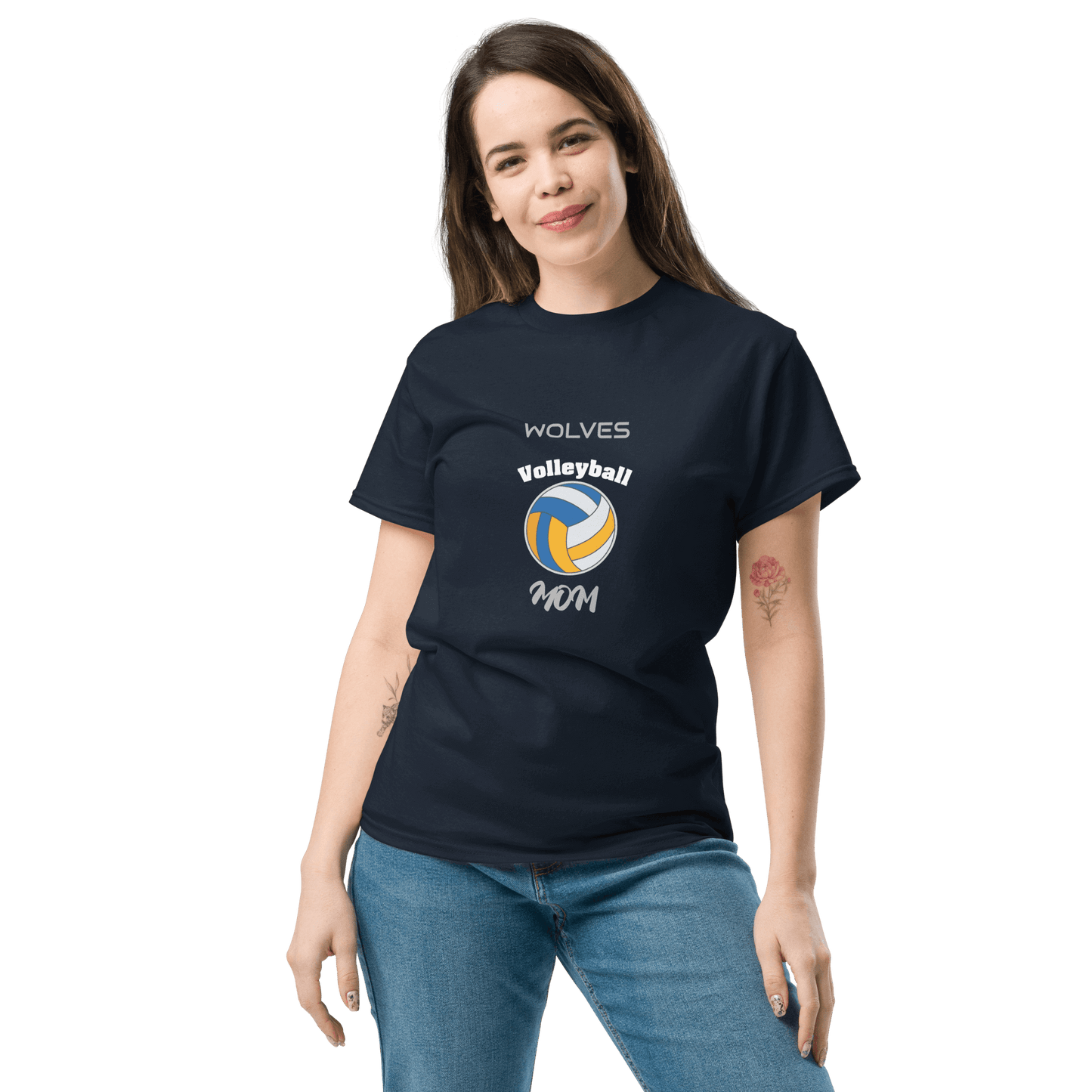 Mom wearing a navy Wolves volleyball tee, showcasing support for her team on game day.