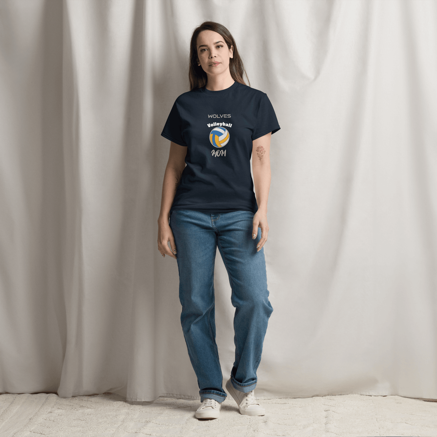 Custom navy volleyball parent tee featuring wolves design, perfect for game day support.
