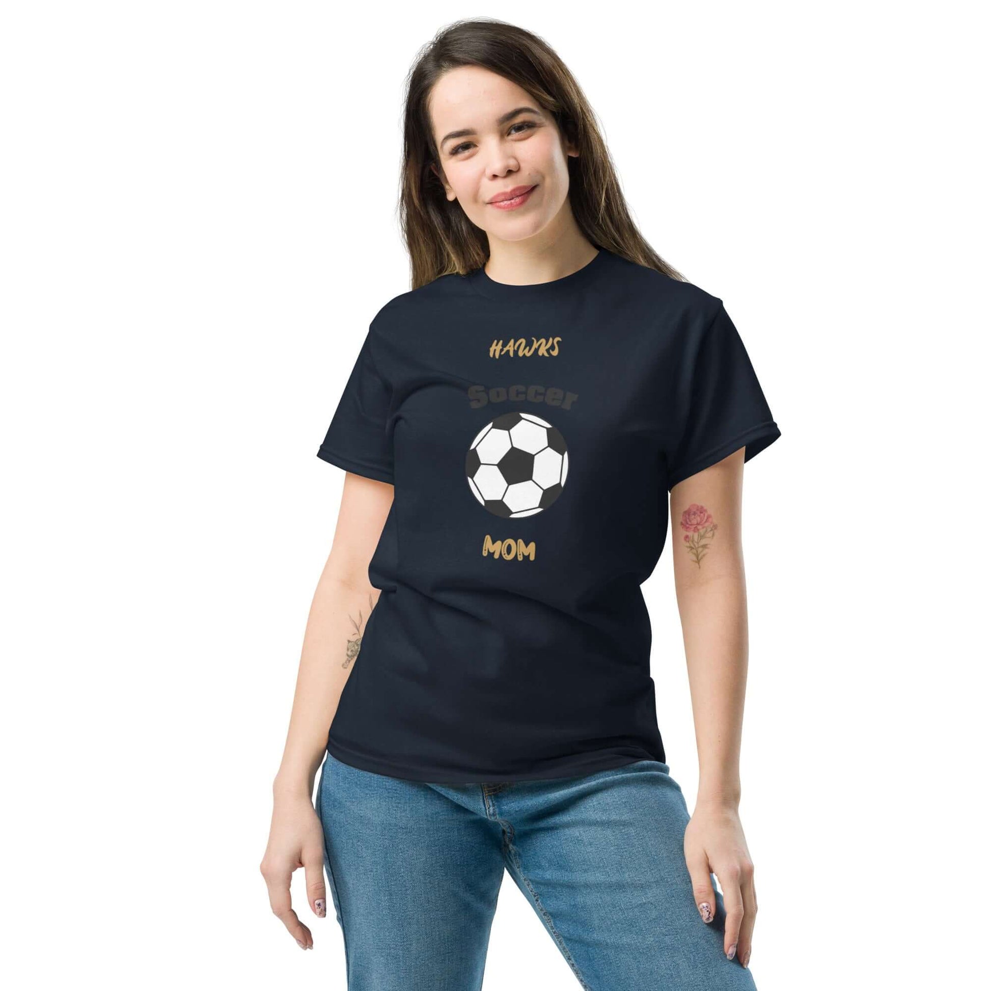 Soccer Parent Tee featuring a black shirt with a soccer ball design, perfect for supportive moms at youth games.