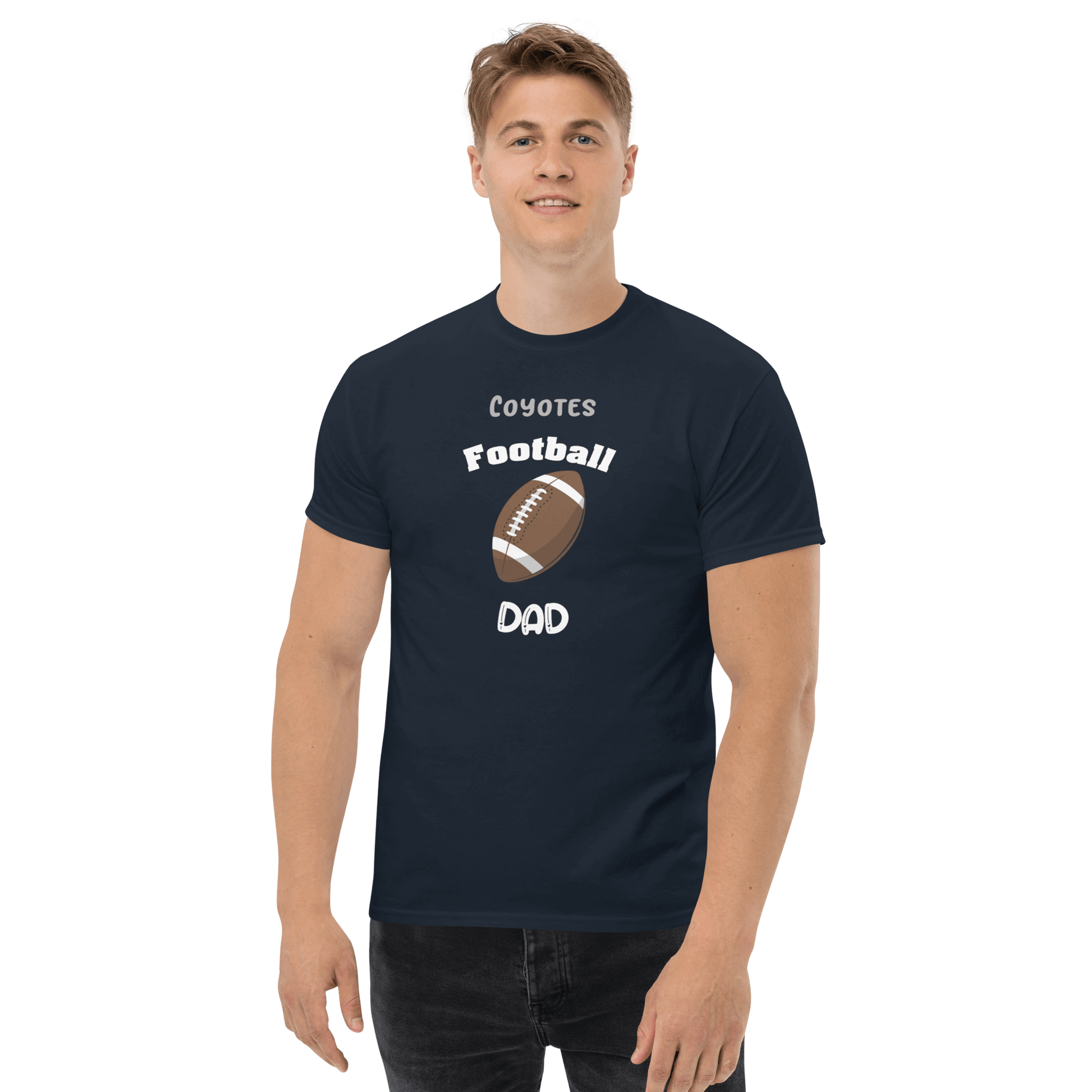 Personalized navy football dad tee, perfect for cheering at games and everyday wear.
