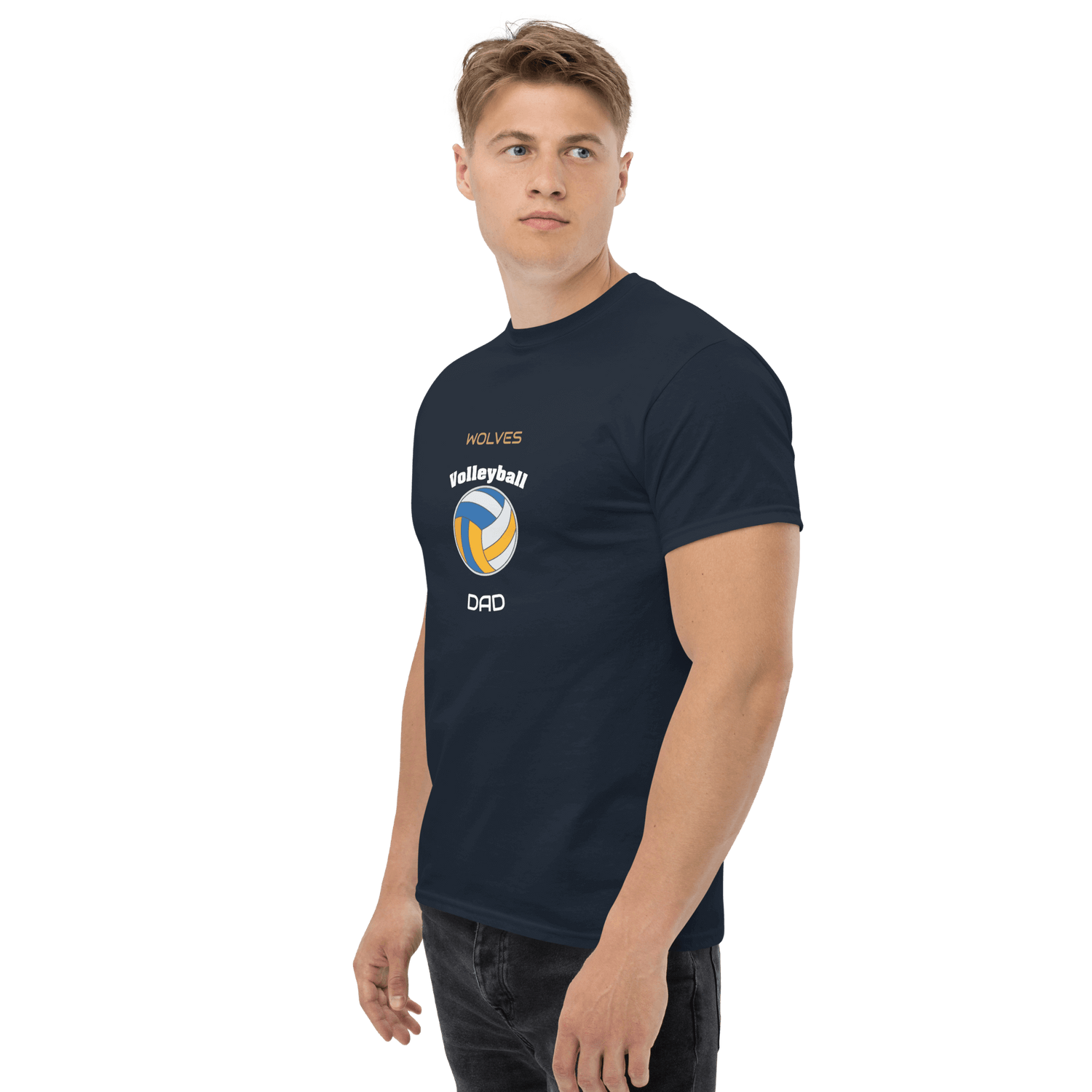 Custom volleyball dad tee in navy, featuring volleyball graphic and 'Wolves Volleyball Dad' text.