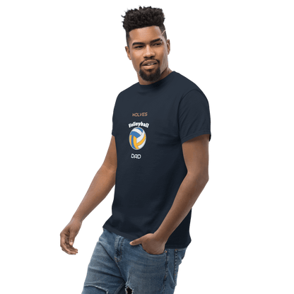 Man wearing a navy custom volleyball tee, proudly displaying 'Wolves Volleyball Dad' design.