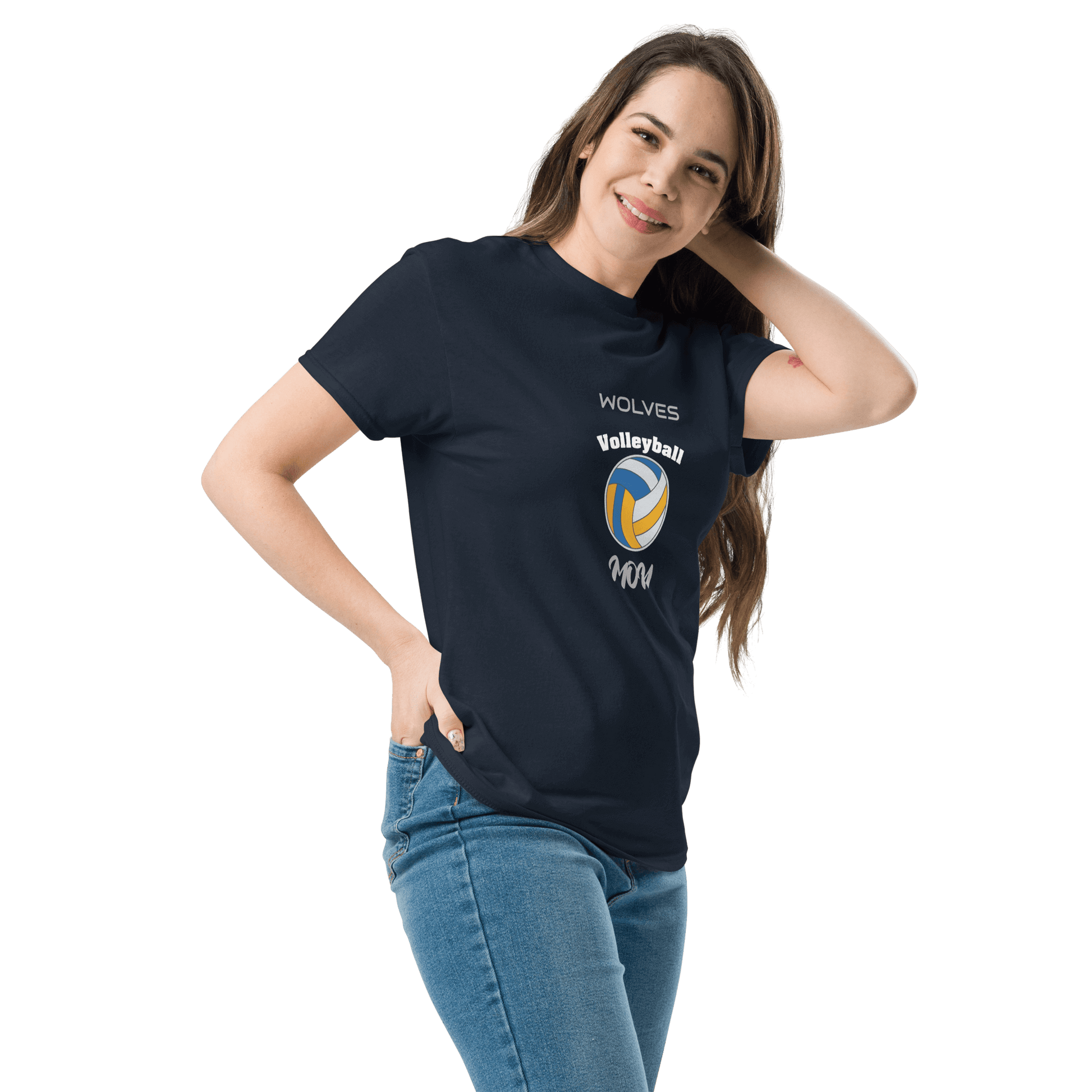 Woman wearing navy custom volleyball tee with 'Wolves' and volleyball logo, perfect for game day support.