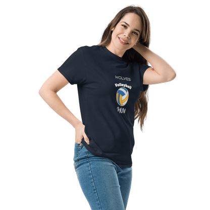 Woman wearing navy custom volleyball tee with 'Wolves' and volleyball logo, perfect for game day support.