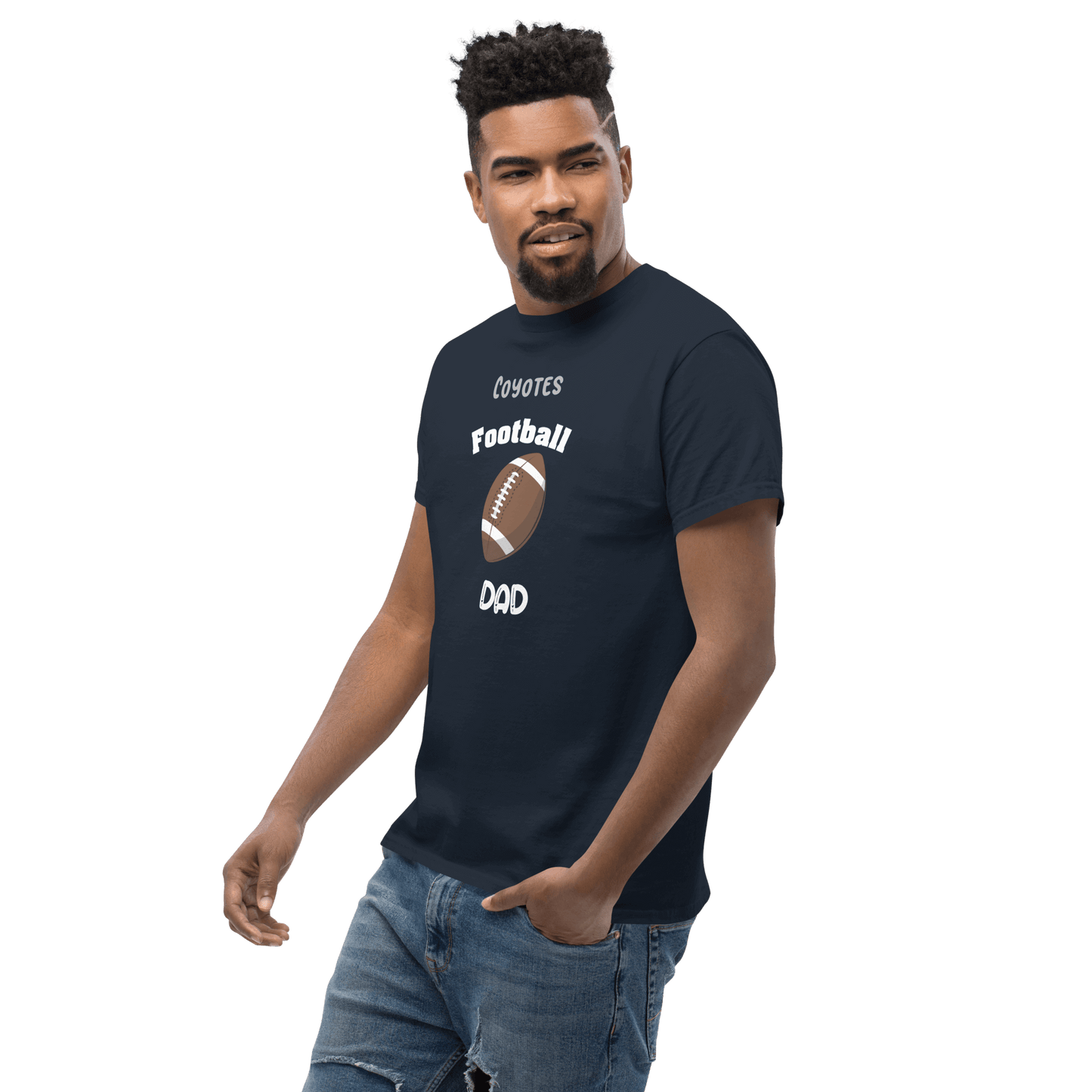 Personalized football supporter tee for dads, featuring 'Coyotes Football Dad' design in navy.