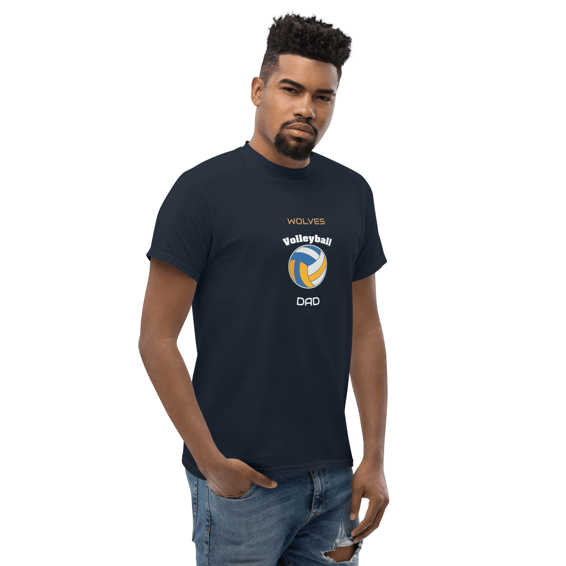 Custom volleyball dad tee featuring Wolves logo, perfect for game day support and cheering from the stands.