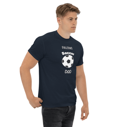 Navy Soccer Dad Tee with 'Falcons Soccer Dad' text and soccer ball graphic, ideal for proud soccer parents.