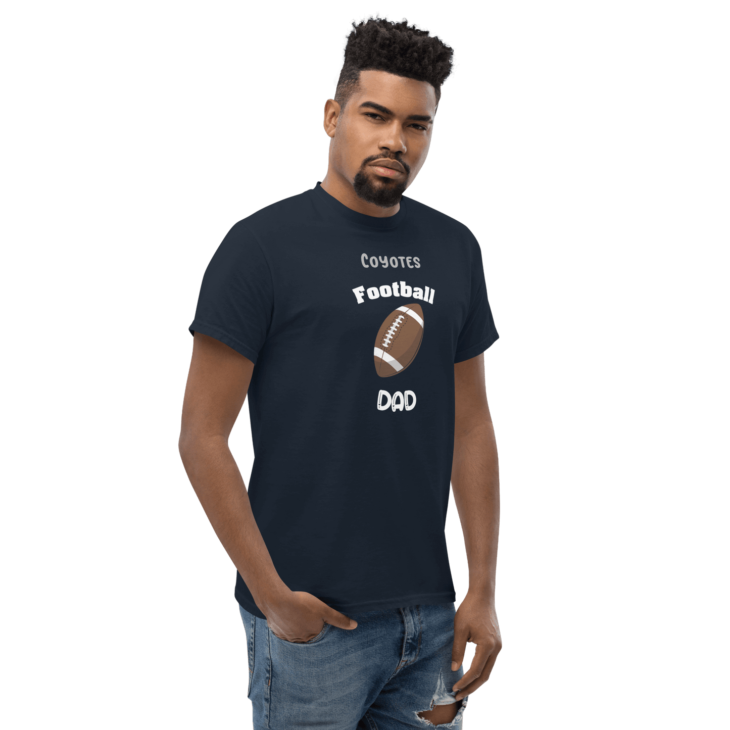 Man wearing a personalized navy football dad tee with 'Coyotes Football' text.