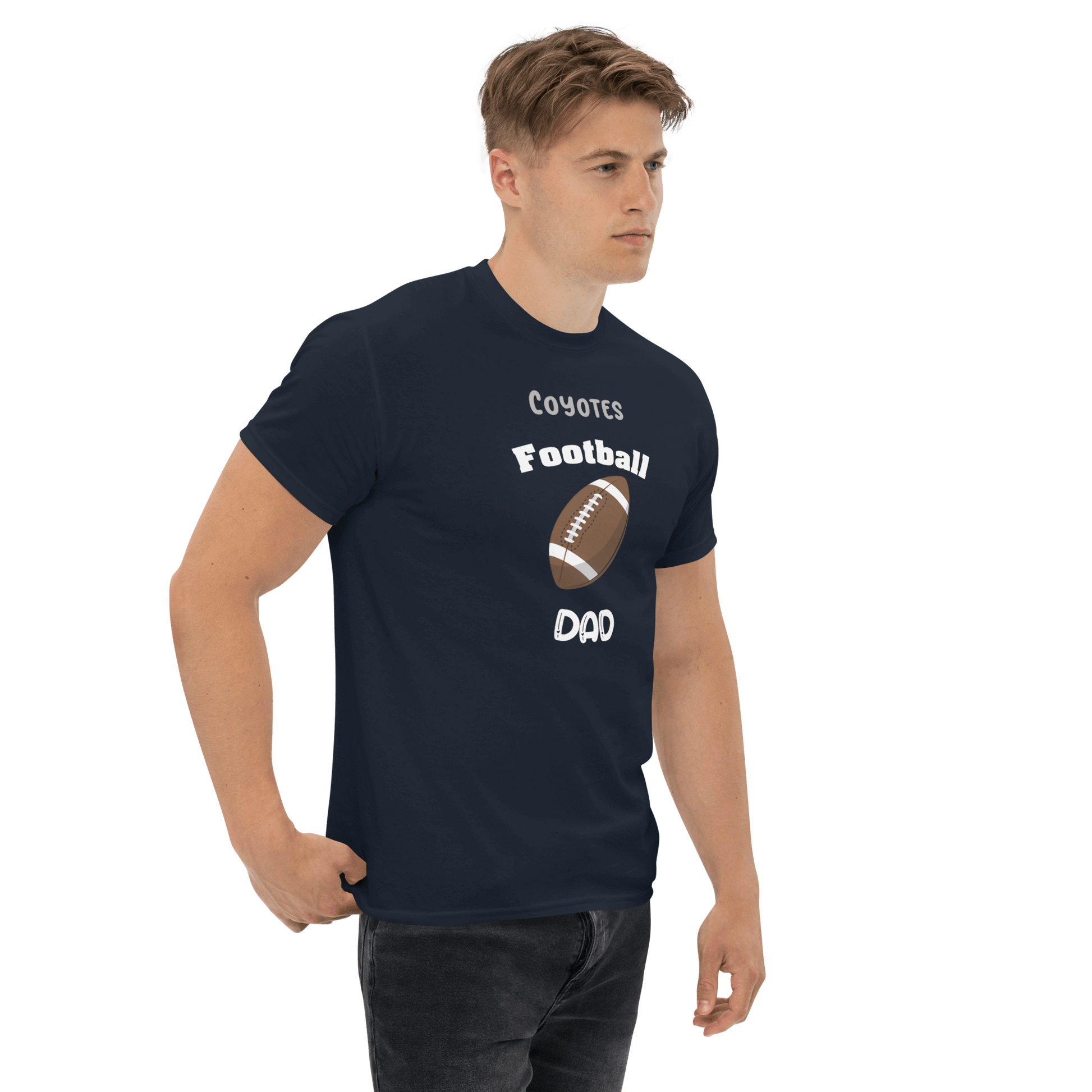 Personalized navy football dad tee showcasing 'Coyotes Football' design, perfect for enthusiastic sports supporters.