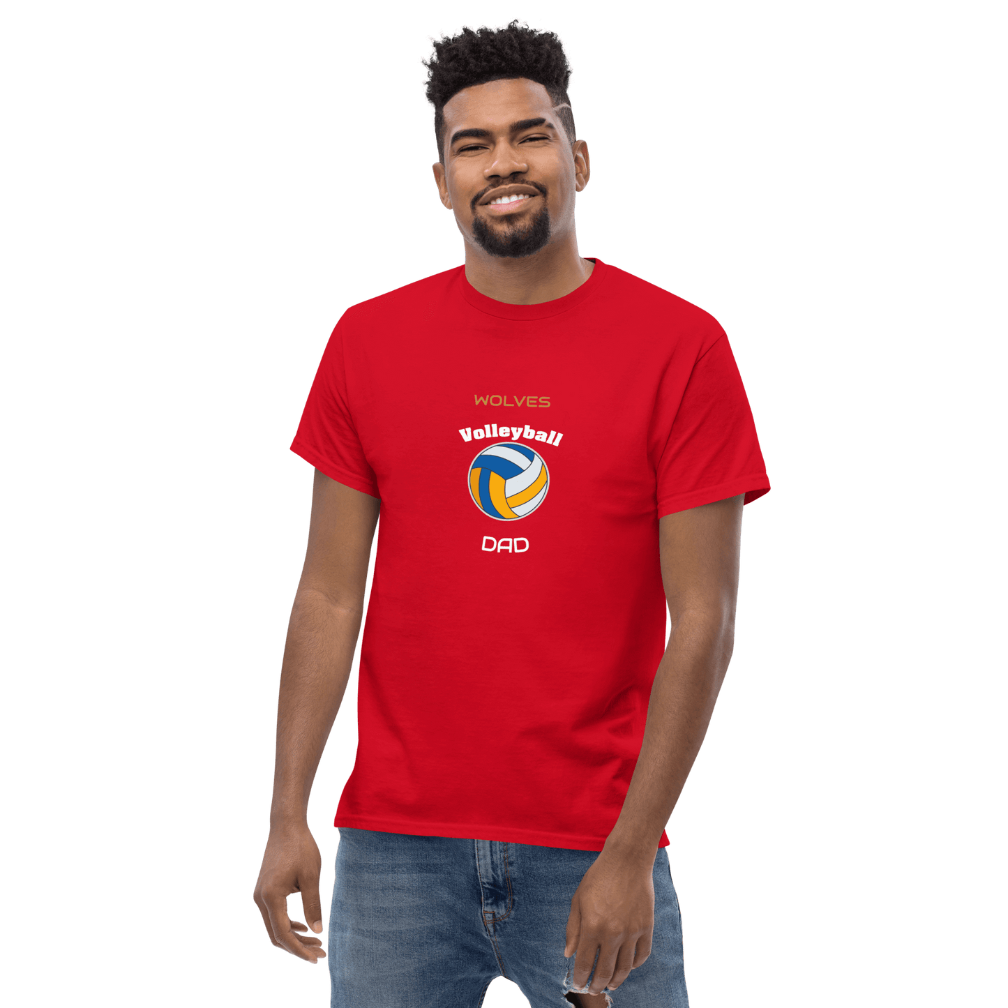 Custom red volleyball dad tee featuring Wolves logo for supportive game day style.