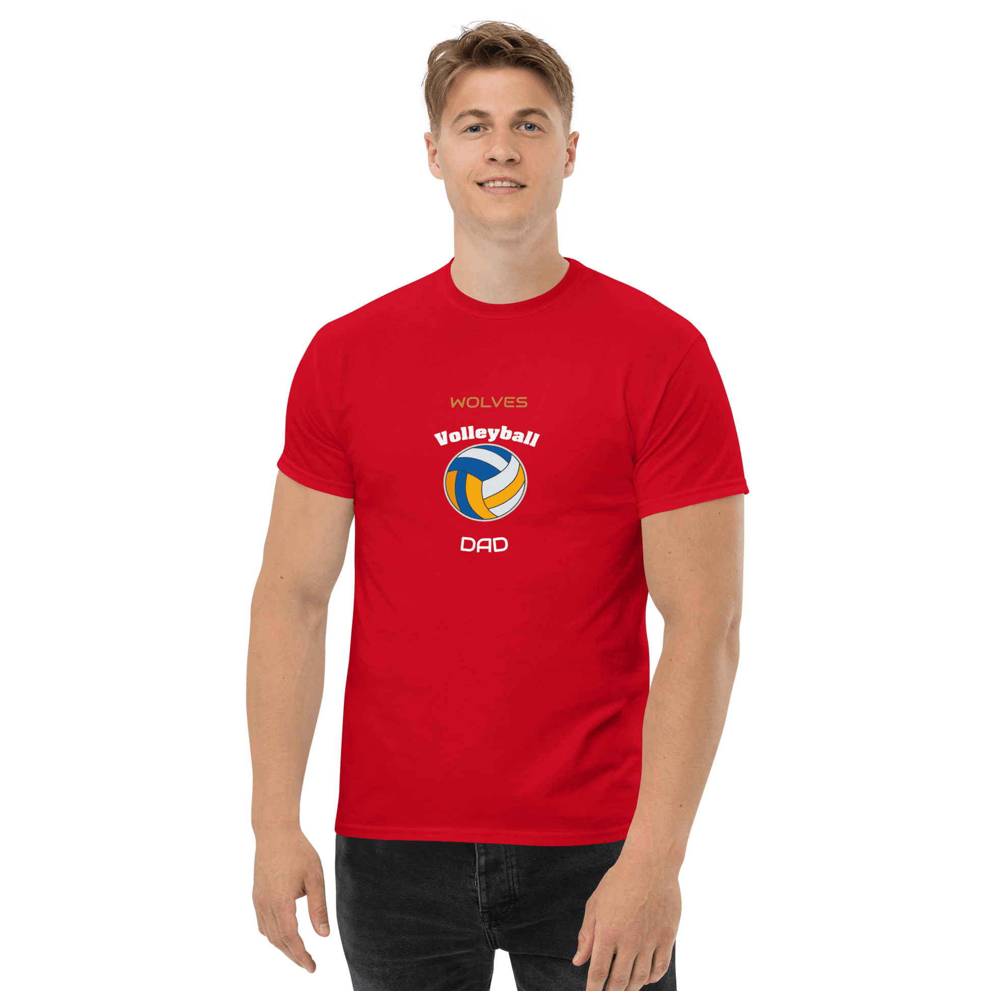 Red custom volleyball dad tee featuring wolves logo and colorful volleyball design.