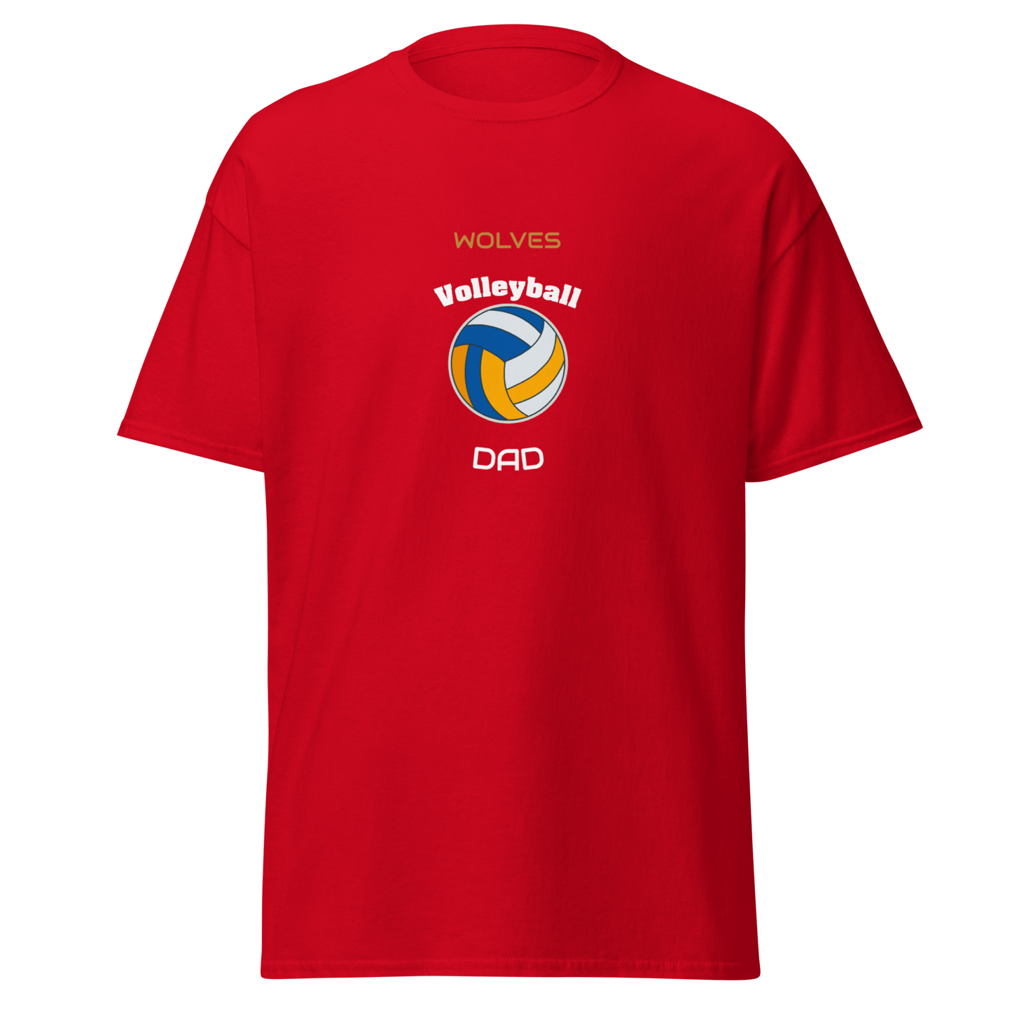 Red custom volleyball tee for dads, featuring 'Wolves' and a volleyball graphic, perfect for game day support.