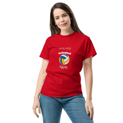Woman wearing a red Wolves Volleyball Mom tee, perfect for showing game day support.