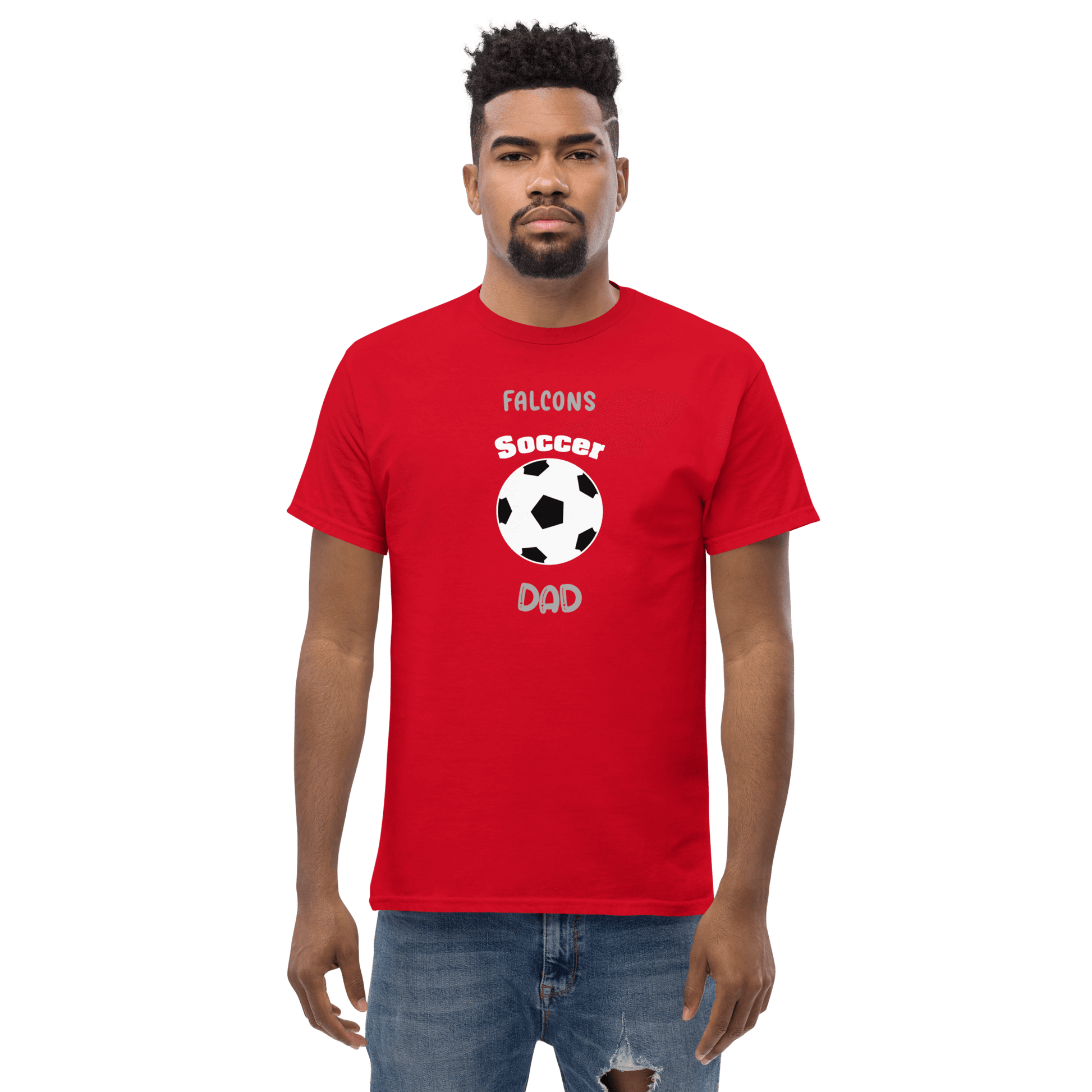 Custom red soccer dad tee featuring a soccer ball and 'Falcons' text, perfect for passionate sports parents.