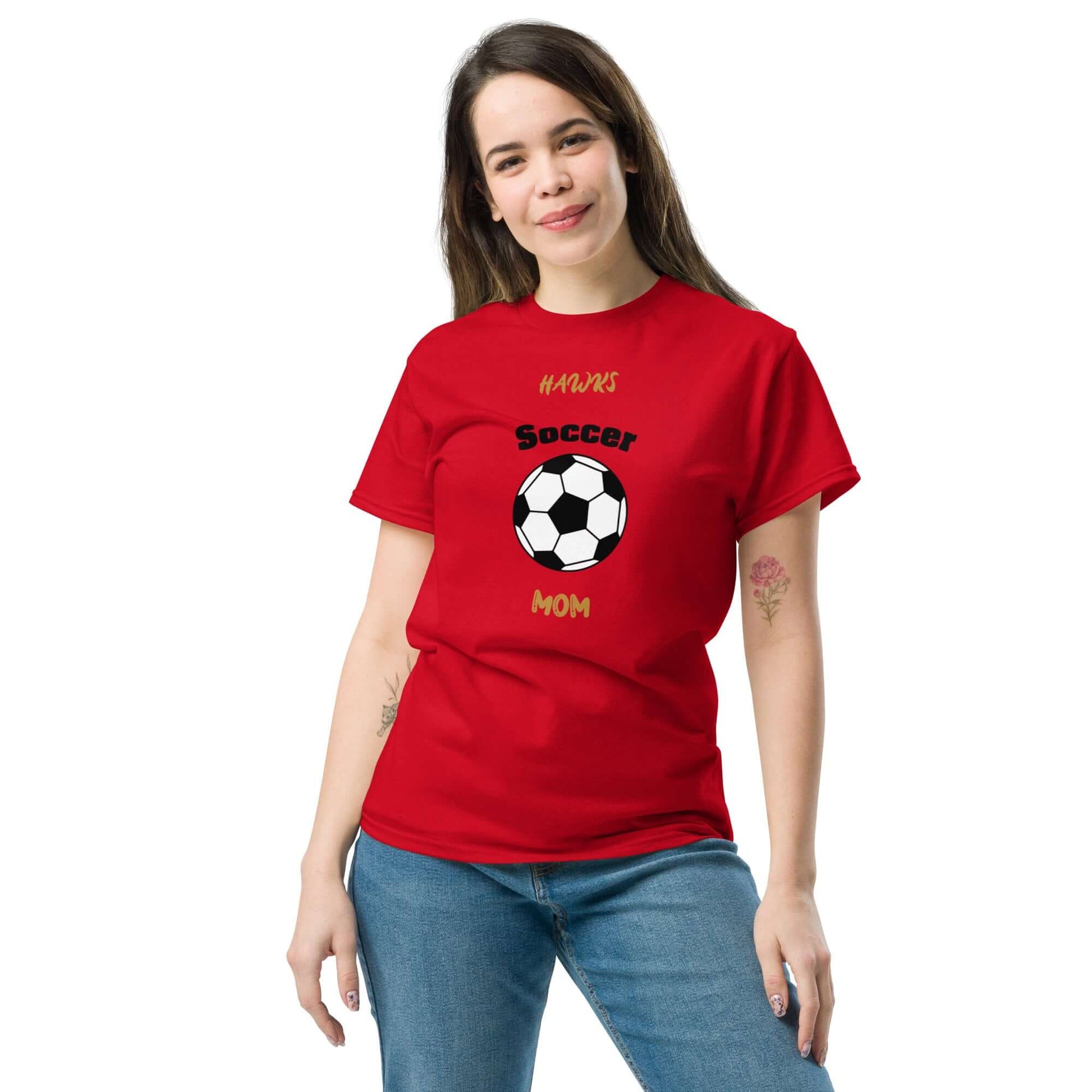 Red Soccer Mom Tee with soccer ball graphic, perfect for supporting youth and school soccer teams.