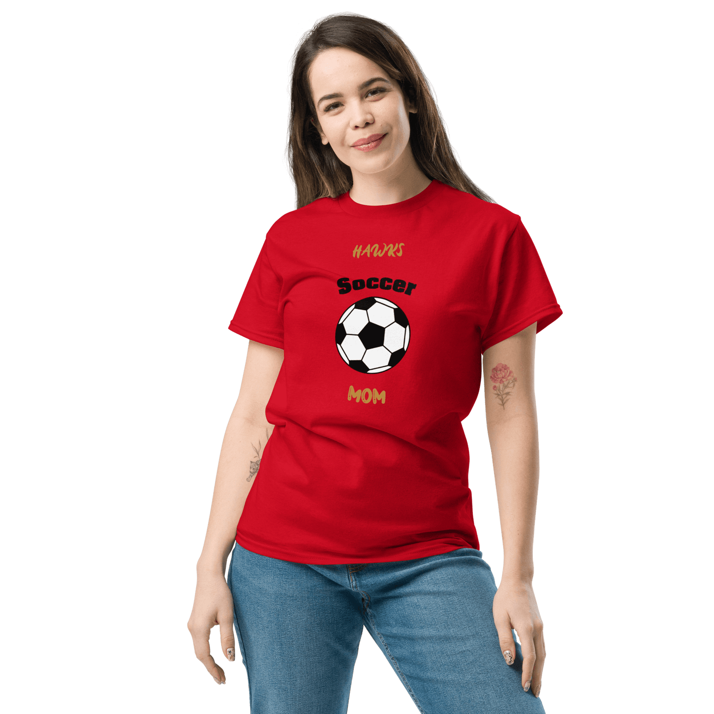 Woman wearing a red Soccer Mom tee featuring a black and white soccer ball design.
