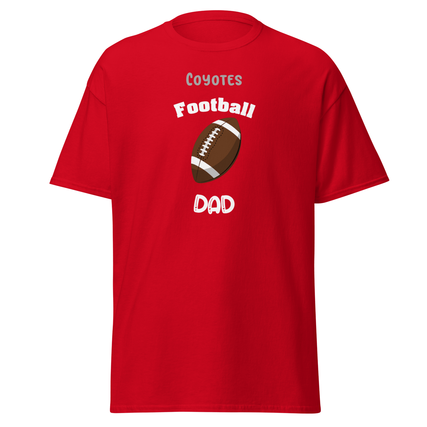 Personalized red t-shirt for proud football dads featuring 'Coyotes Football' design.