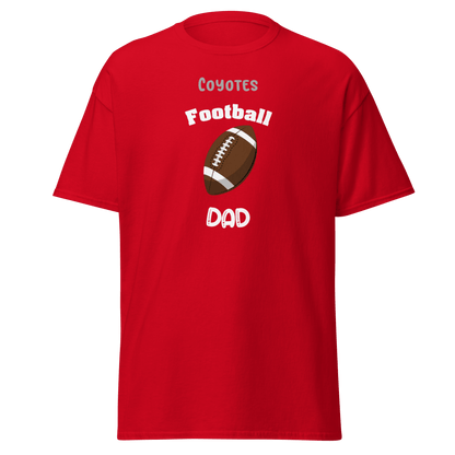 Personalized red t-shirt for proud football dads featuring 'Coyotes Football' design.