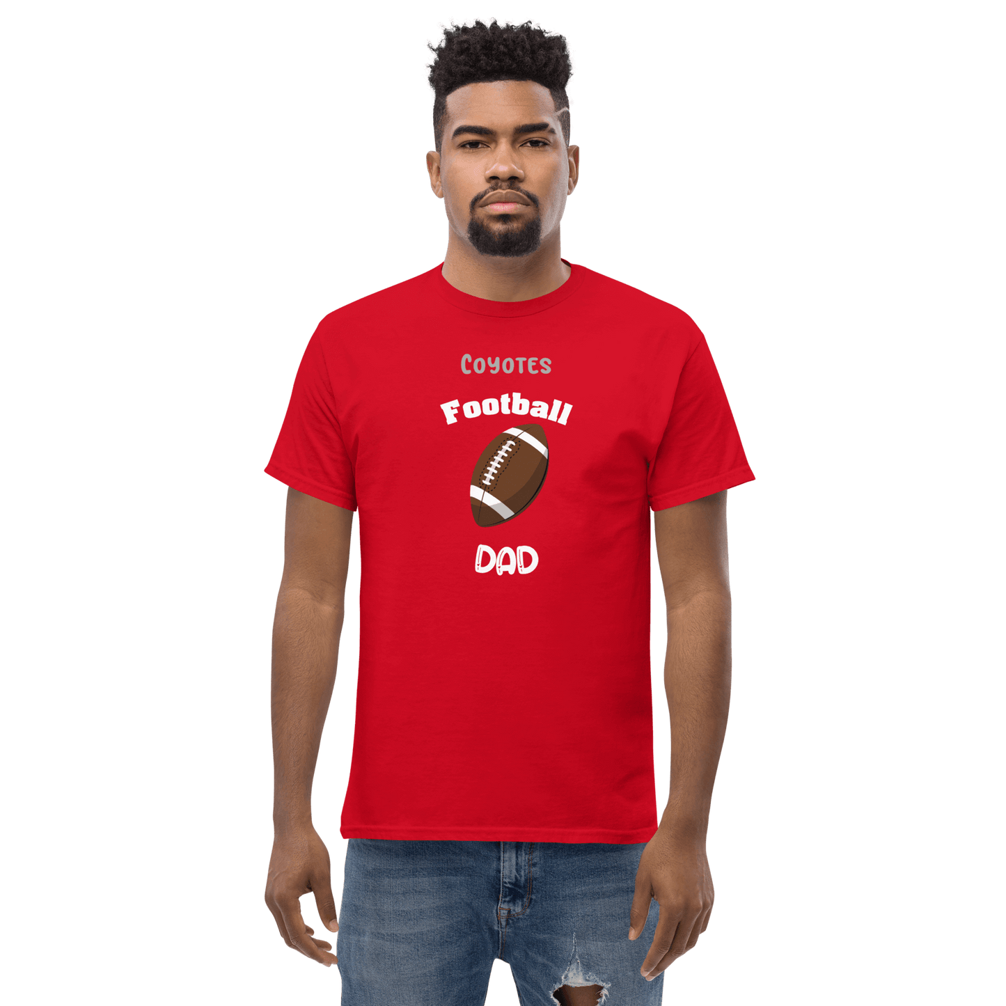 Personalized red tee for football dads with 'Coyotes Football Dad' print and football graphic, ideal for game day.