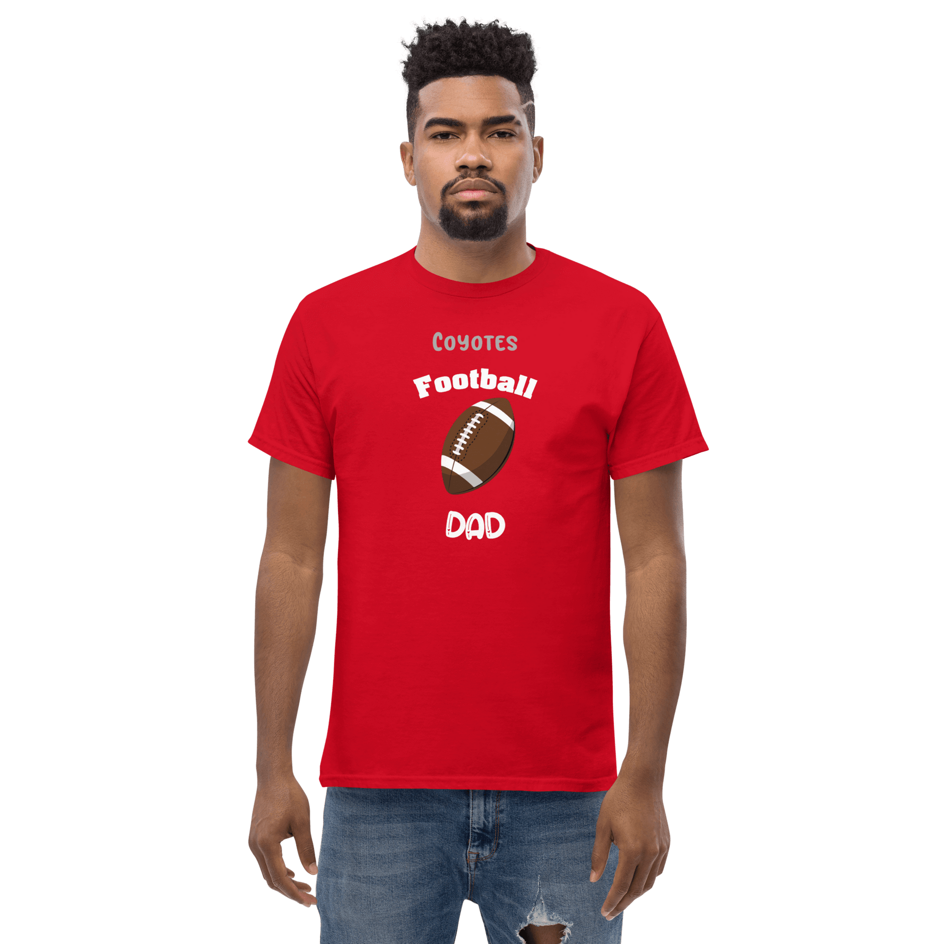 Personalized red tee for football dads with 'Coyotes Football Dad' print and football graphic, ideal for game day.